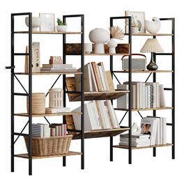 Acekool - Triple Wide 4 Tier Bookshelf with 11 Open Display Shelves, Large Industrial Bookcase, Metal Frame Book Shelves - Brown