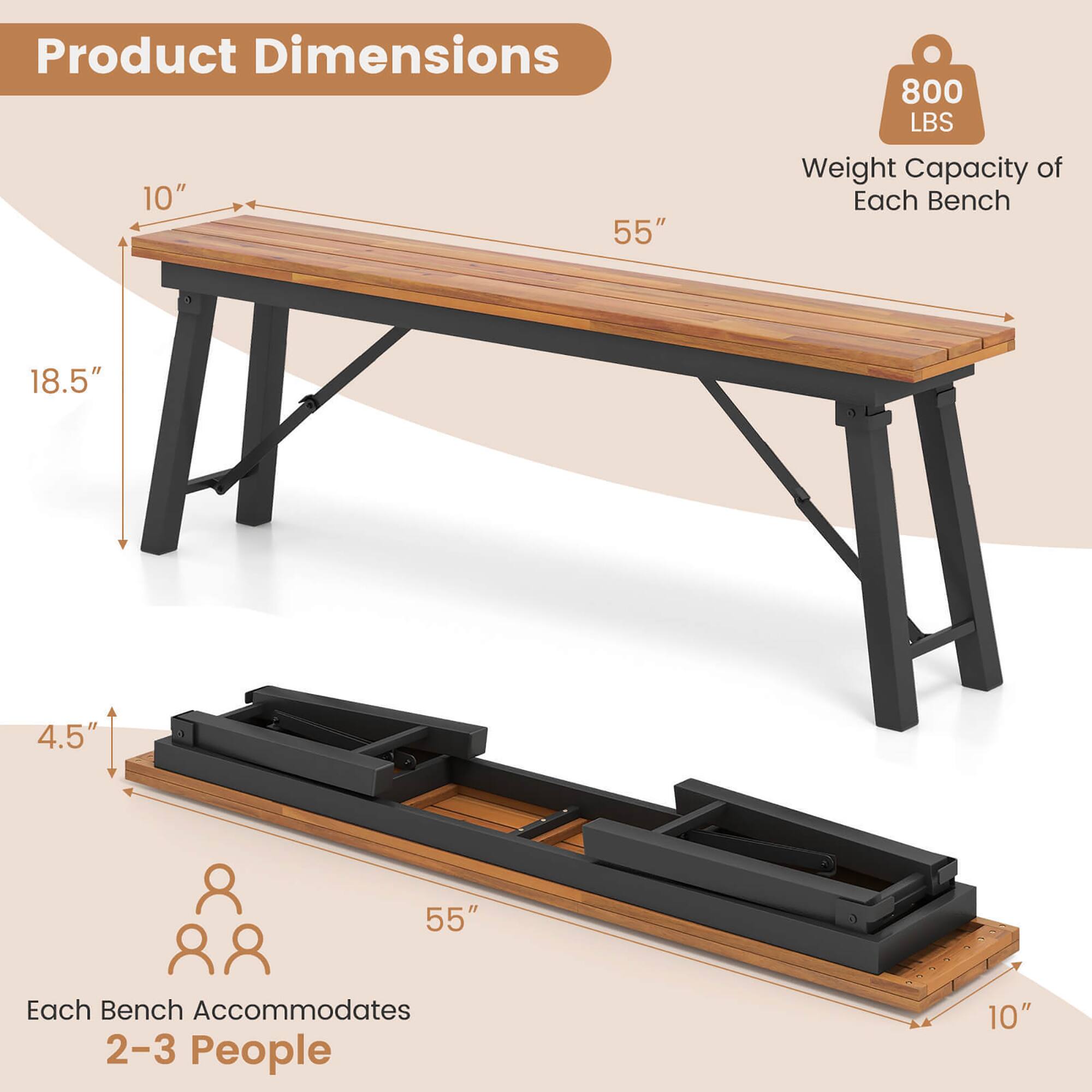 Product Dimensions  
- Length: 55"  
- Width: 10"  
- Height: 18.5"  

Weight Capacity of Each Bench: 800 LBS  

Each Bench Accommodates 2-3 People  
- Seat Length: 55"  
- Seat Height: 4.5"  
- Seat Width: 10"