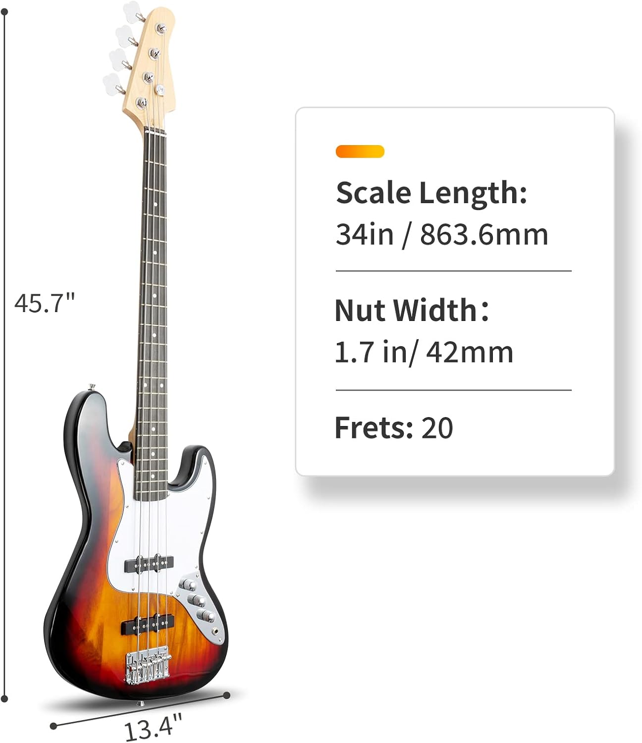 Scale Length: 34in / 863.6mm  
Nut Width: 1.7 in / 42mm  
Frets: 20
