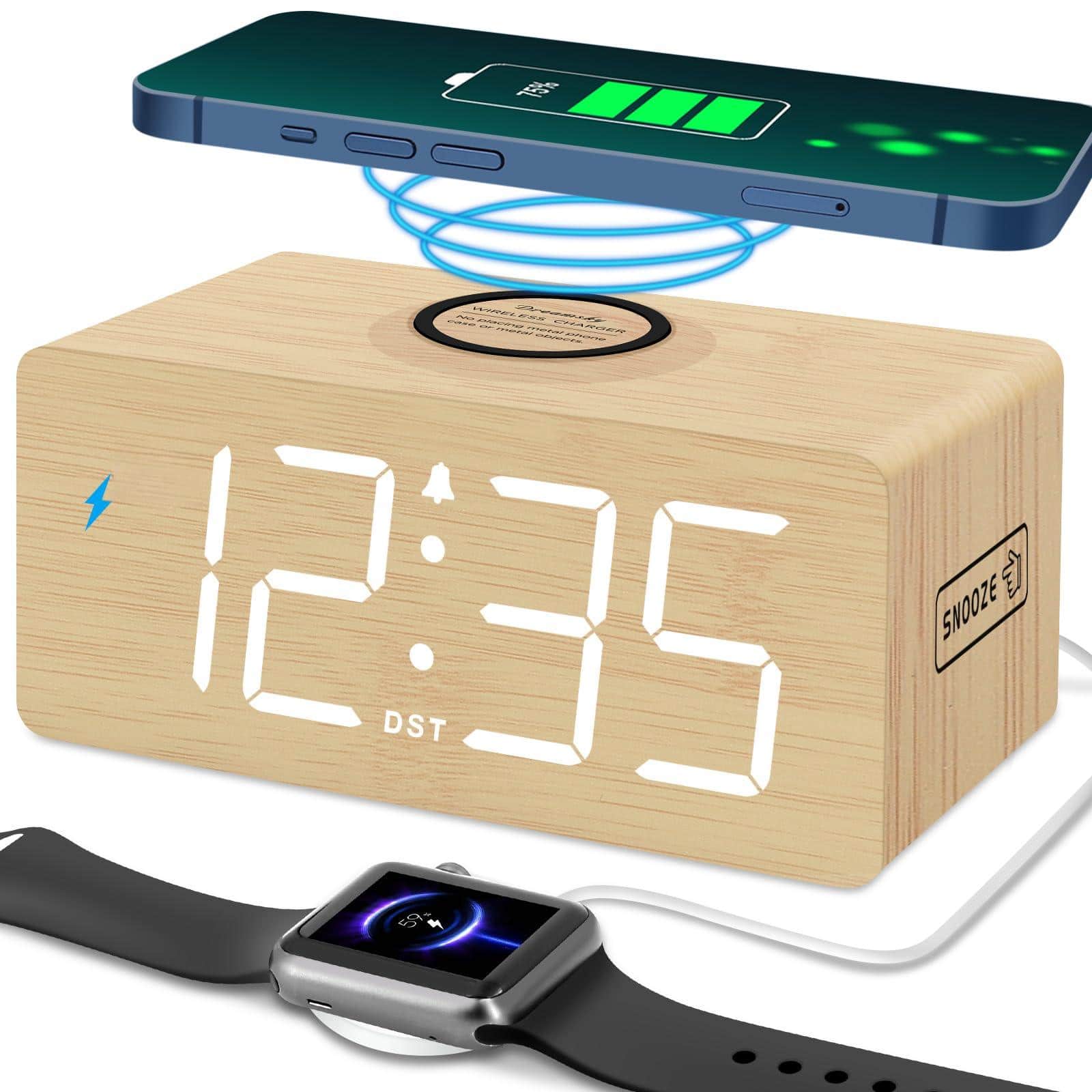Cozy Serene - Digital Alarm Clock Wireless Charging Usb Alarm Bedside Bedroom Clock Wooden Digital Alarm Clock With Wireless Charging - Bamboo