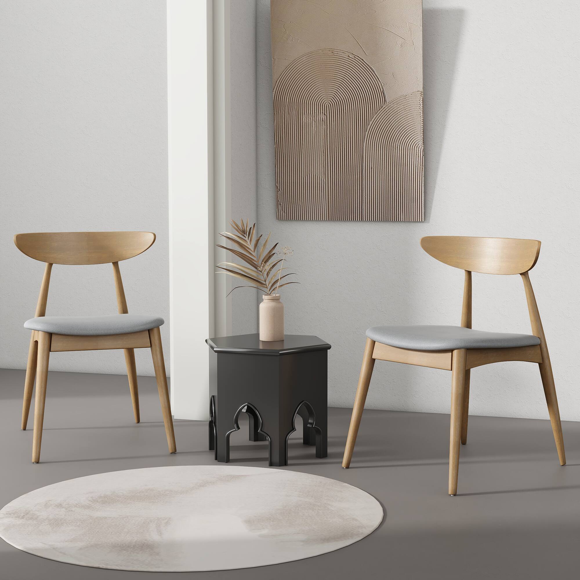 Front. TinyHomie - Set of 2 Retro Rubberwood Chairs with Ergonomic Back and Plush Cushions Natural Beige - Beige and Natural.