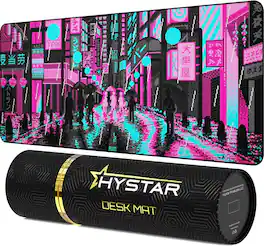 Hystar - Extended Gaming Mouse Pad | XXL 36" x 16" | 5mm Thick, Waterproof Surface, Polyester Fabric, and Rubber Base - Retro Tokyo - Pink
