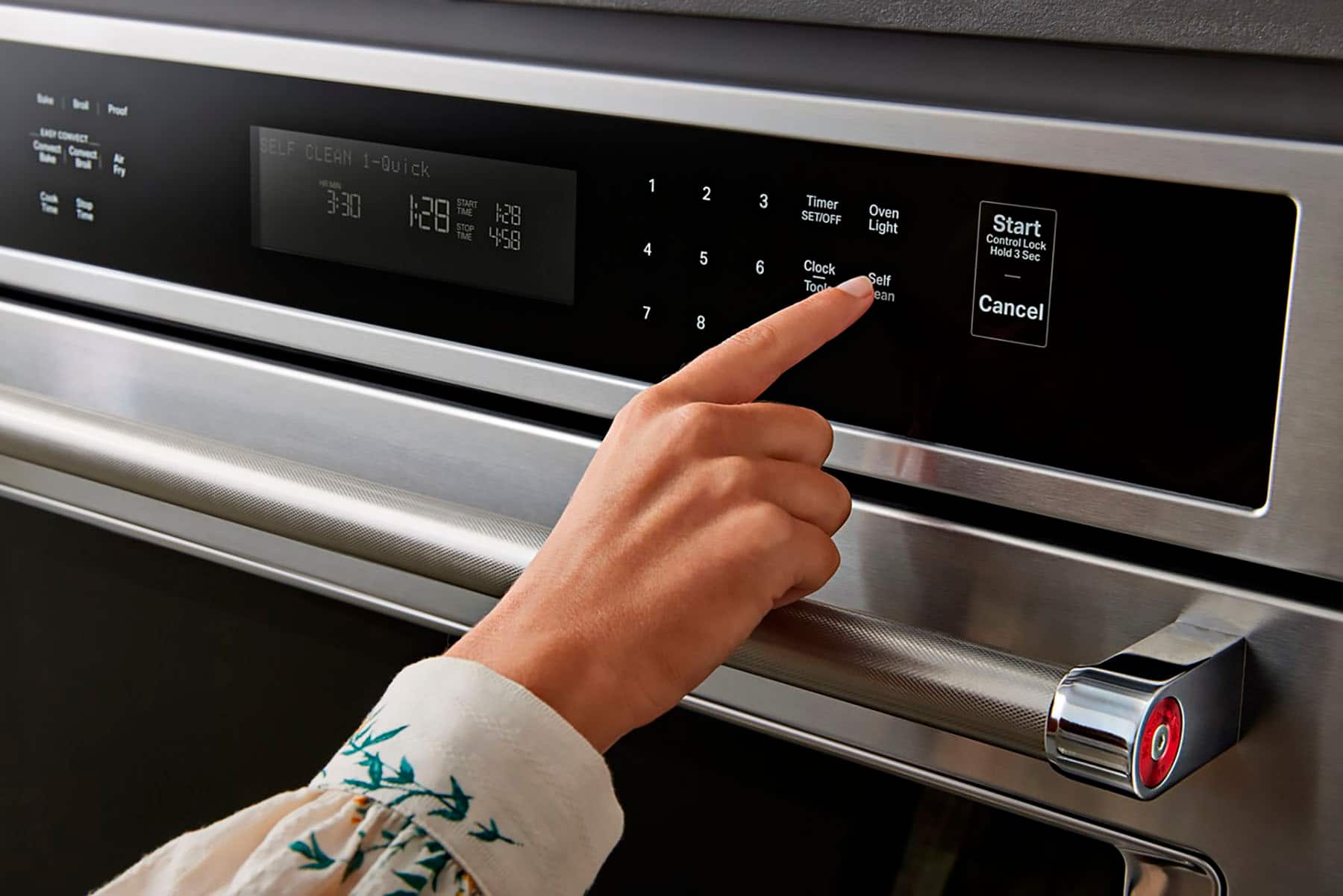 The text on the image reads:
"Sde Brd Proof SAD CONVECT Camect Conect Brd M Fy SELF CLEAN 1-Quick 3:30 START 128 TMME 128 STOP TME 458 1 4 7 2 5 8 3 6 Timer SETIOFF Clock Tool Oven Light Self ean Start Control Lock Hold 3 Sec Cancel"
This is a list of features and settings for a microwave or oven, including options for self-cleaning, timer settings, and various cooking modes.