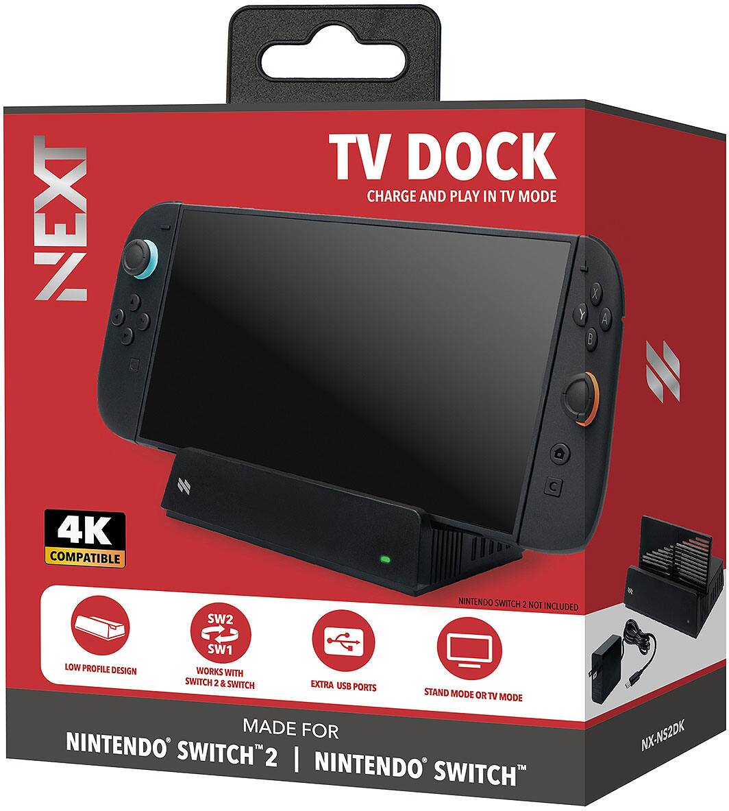 Sure, here is the corrected and grouped text from the image:

---

**NEXT TV DOCK**

- CHARGE AND PLAY IN TV MODE

**4K COMPATIBLE**

- LOW PROFILE DESIGN
- WORKS WITH SWITCH 2 & SWITCH
- EXTRA USB PORTS
- STAND MODE OR TV MODE

**MADE FOR**

- NINTENDO SWITCH™ 2
- NINTENDO SWITCH™

**SW2 NOT INCLUDED**

**SW2**  
**SW1**

**NINTENDO SWITCH™ 2 NOT INCLUDED**

**NX-NS2DK**

---