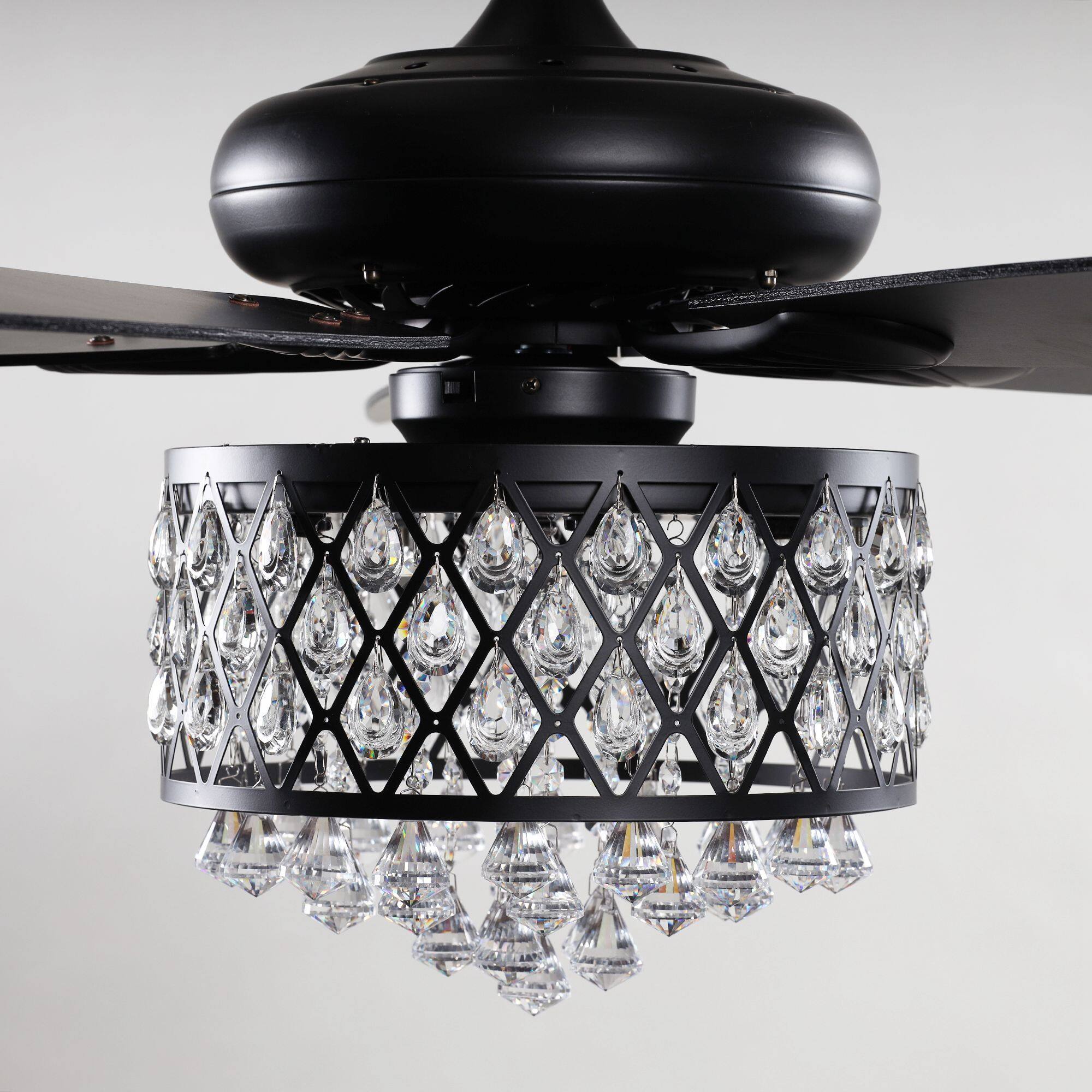 Alt View 5. Parrot Uncle - 52" Modern Black Crystal Chandelier Indoor Ceiling Fan with Remote - Black.