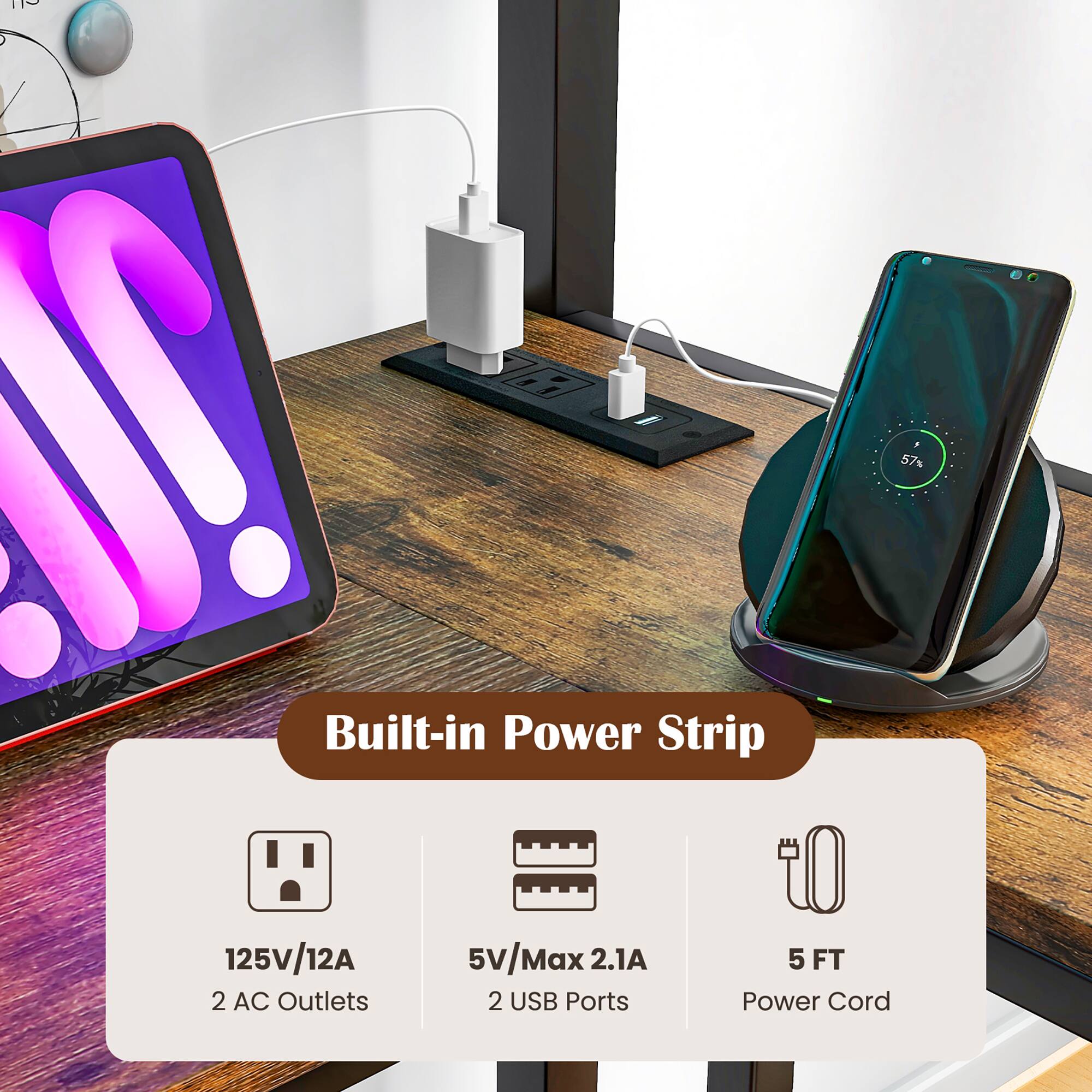 Built-in Power Strip 125V/12A 5v/Max 2.1A 5 FT 2 AC Outlets 2 USB Ports Power Cord 57%