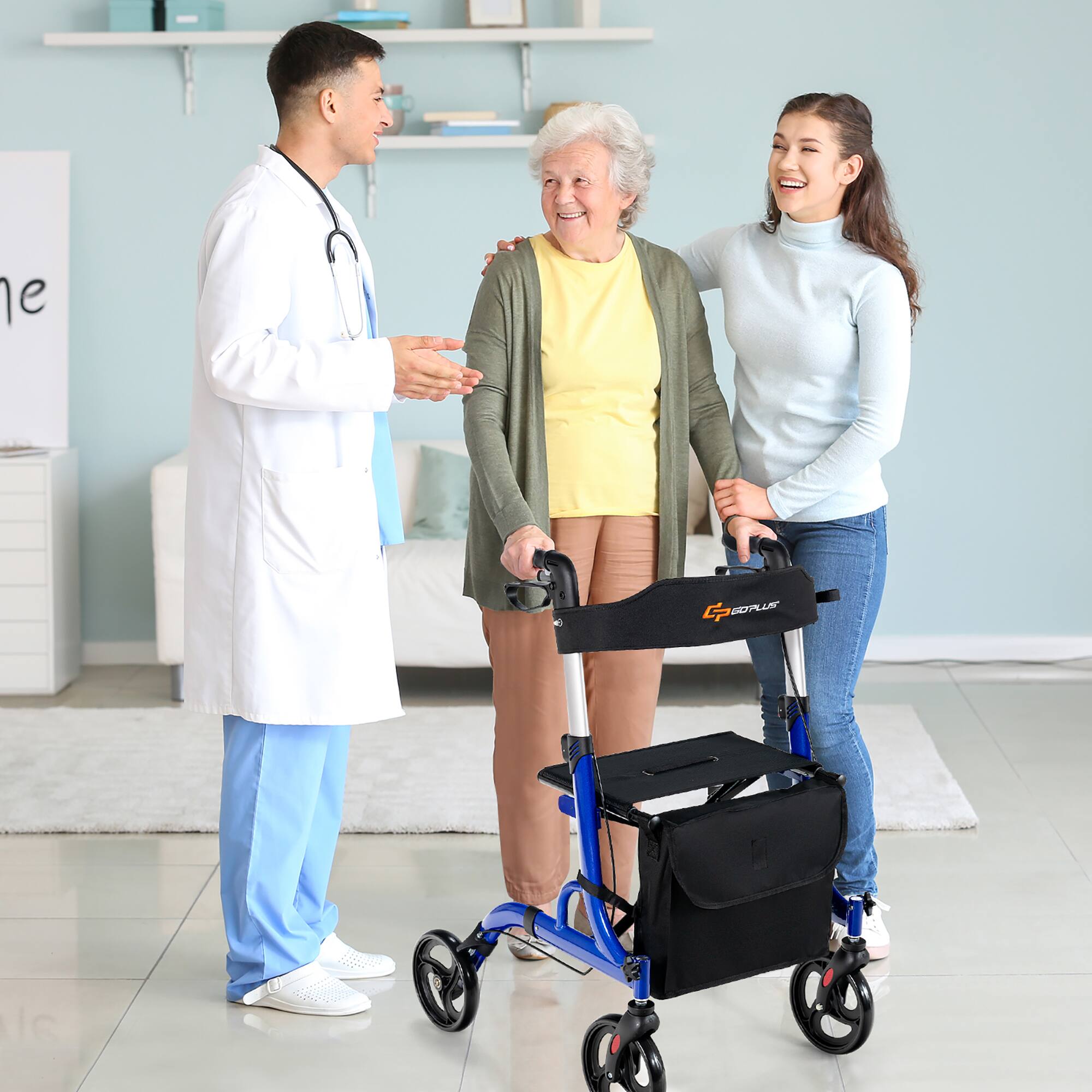 Alt View 1. Costway - Costway Rollator Walker w/ Seat, Folding Aluminum Rolling Walker w/ 8-inch Wheels, Blue - Blue.