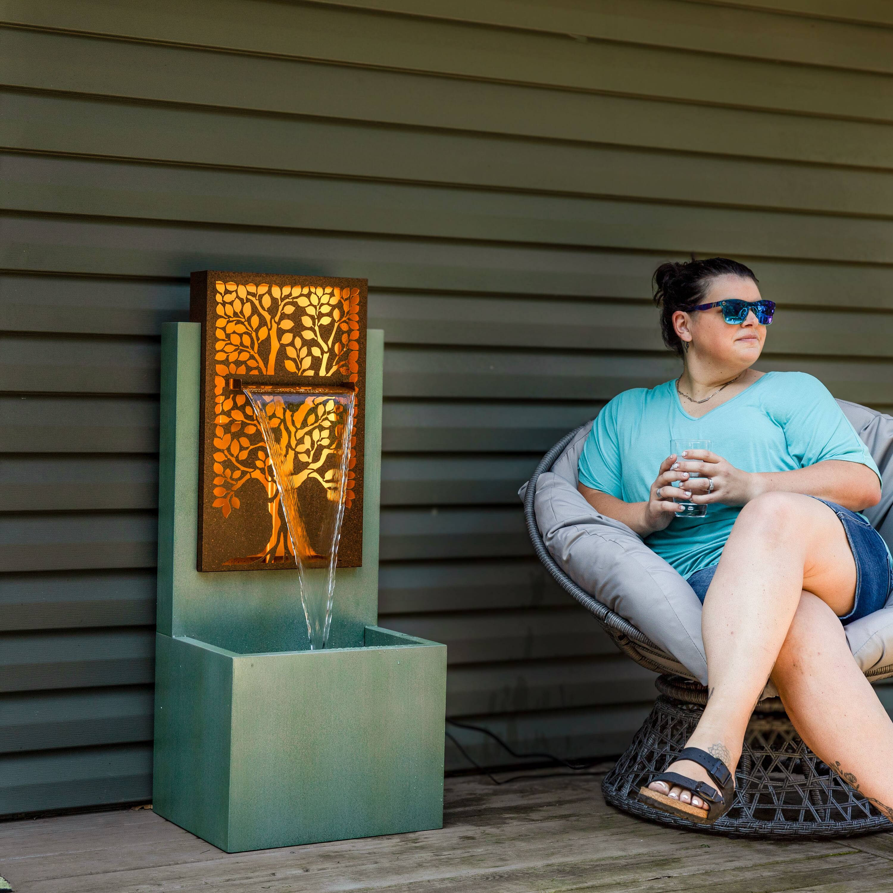 Alt View 5. Sunnydaze - Mighty Oak Steel Outdoor Water Fountain with LEDs - 41.25" - Green.