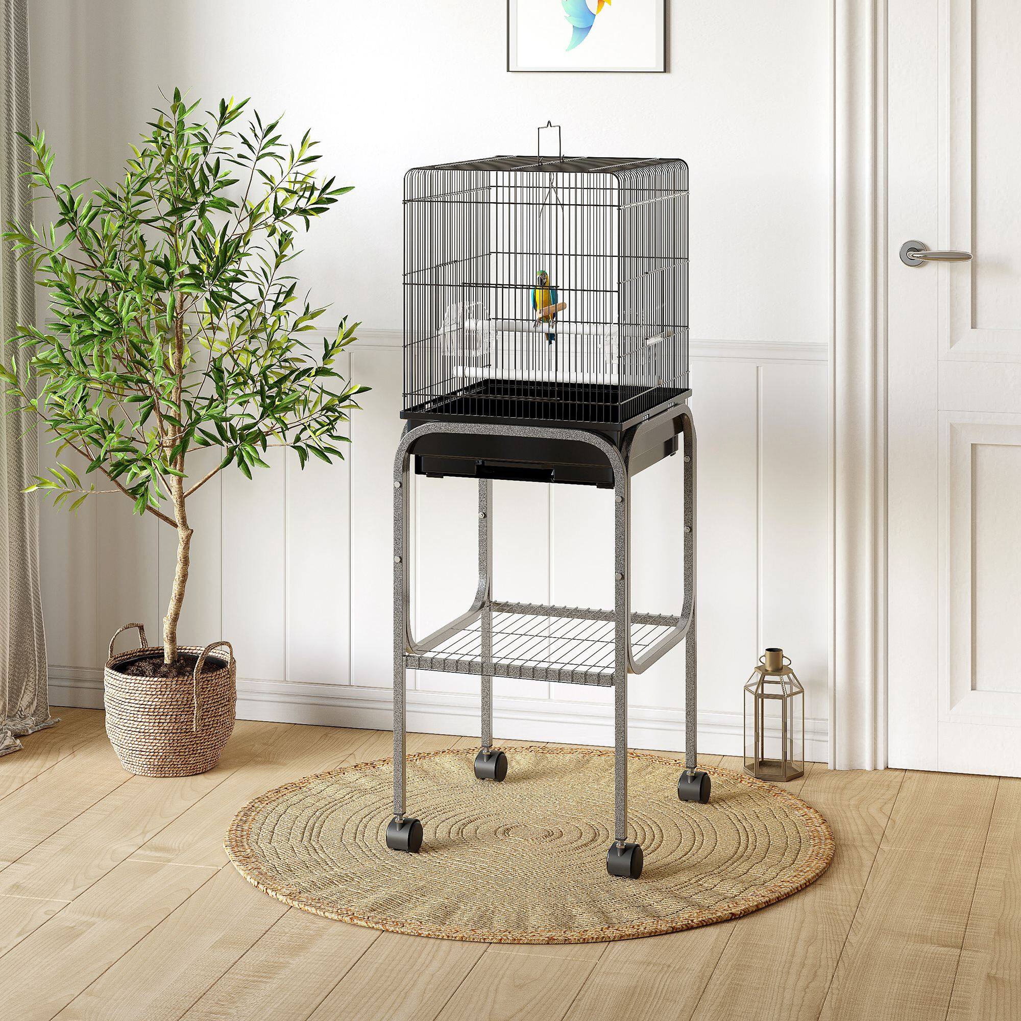 Angle. Pawhut - 45" Metal Indoor Bird Cage, Parrot Cage, Bird Aviary with Detachable Rolling Stand, Storage Basket, and Accessories.