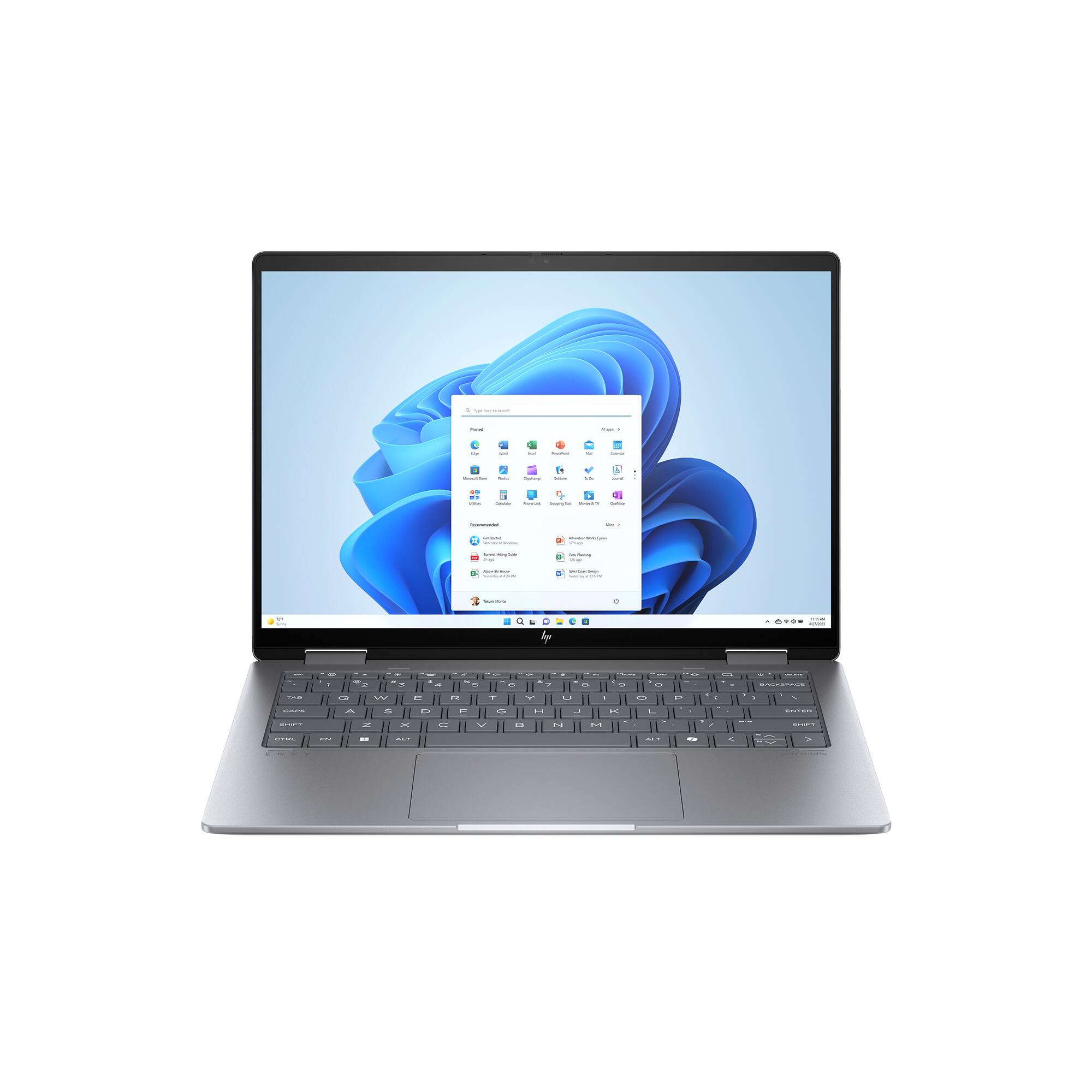 The text on the image is a description of a laptop computer. It reads: "A laptop computer with a blue and white design on the screen. The screen is turned on, displaying the Windows operating system."