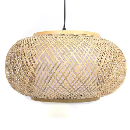 Front. Stock Preferred - 60cm Vintage Bamboo Wicker Rattan Pendant Light - Brown.