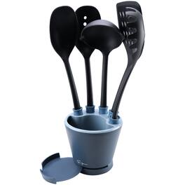 Empava - 5 Pcs Kitchen Utensil With Spoon Rest, Ladle, Spaghetti Spoon, Slotted Turner, Solid Spoon, Slotted Spoon - Black & Gray-blue