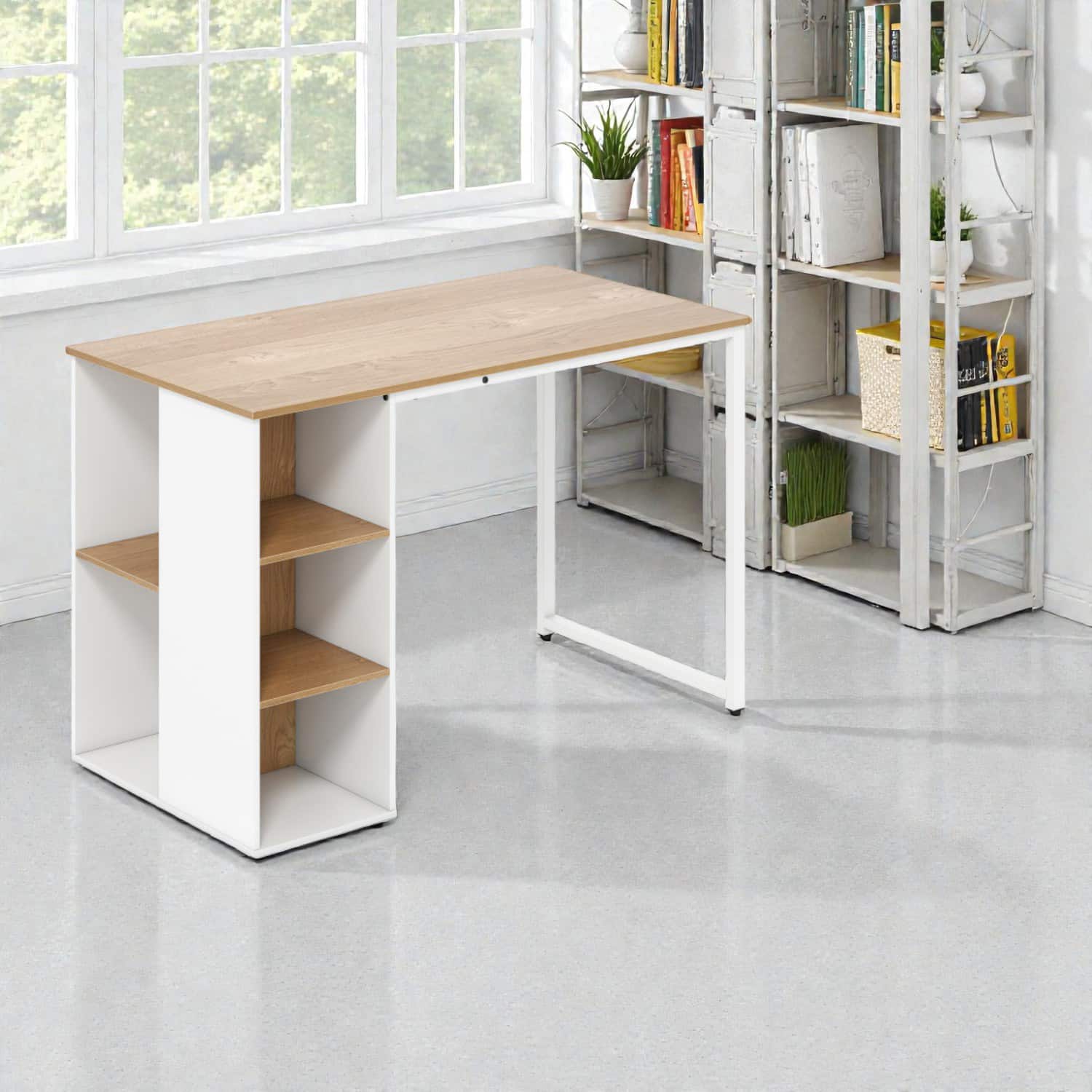 Hivvago - Functional Home Office Desk with Built-In Shelving and Durable Steel Frame - Natural