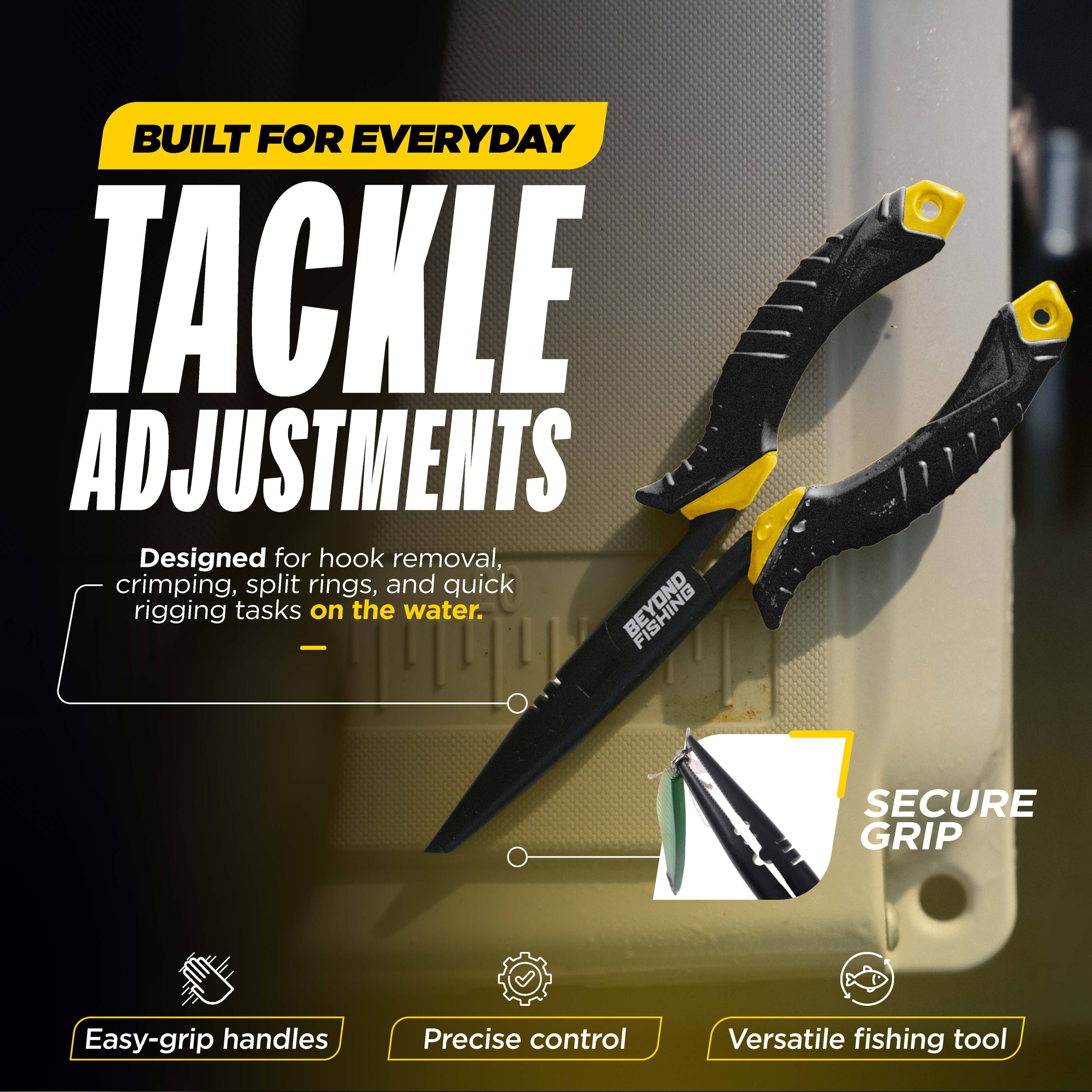 BUILT FOR EVERYDAY TACKLE ADJUSTMENTS  
Designed for hook removal, crimping, split rings, and quick rigging tasks on the water.  

FISHING BE - SECURE GRIP  
Easy-grip handles  
Precise control  
Versatile fishing tool