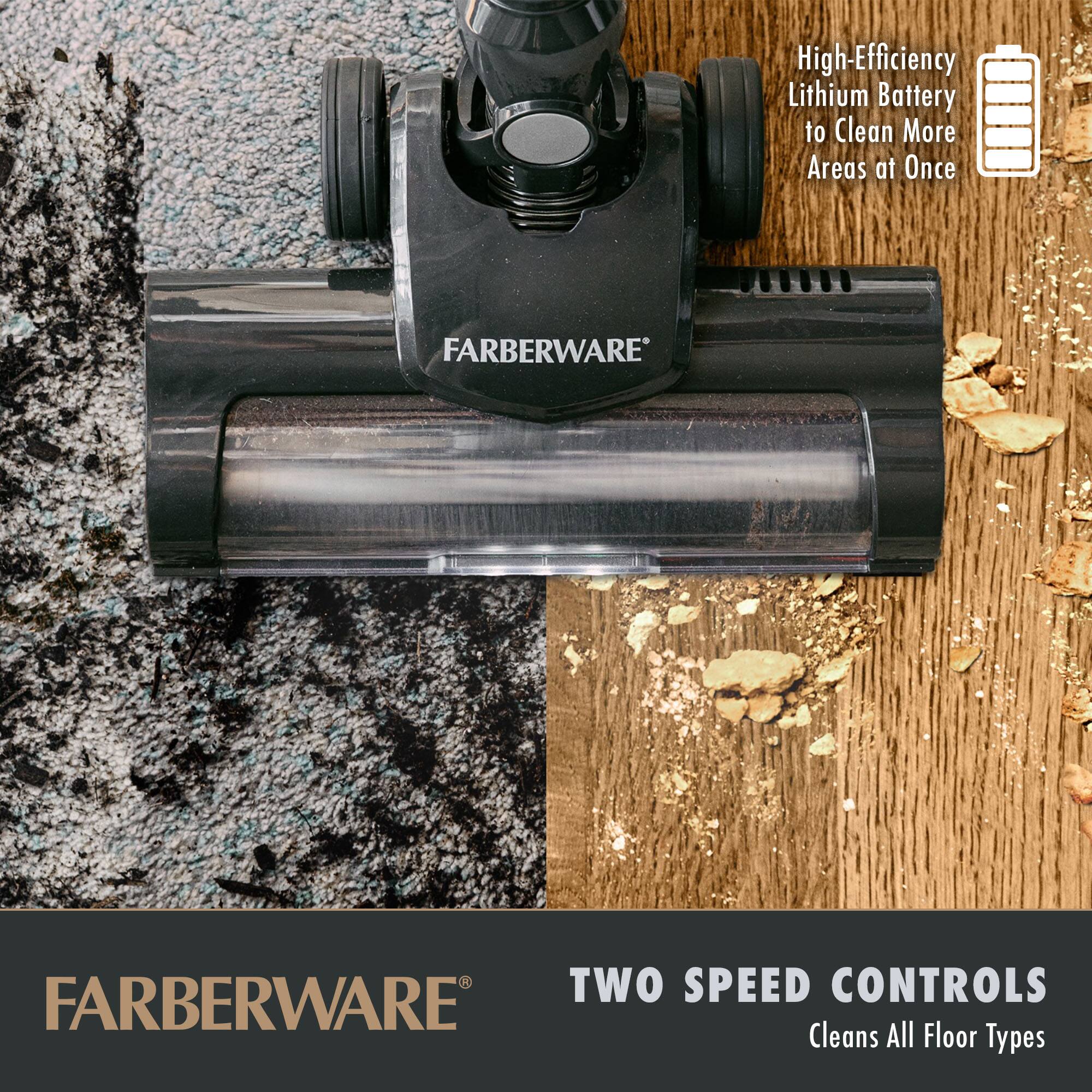High-Efficiency Lithium Battery to Clean More Areas at Once

FARBERWARE

TWO SPEED CONTROLS
Cleans All Floor Types