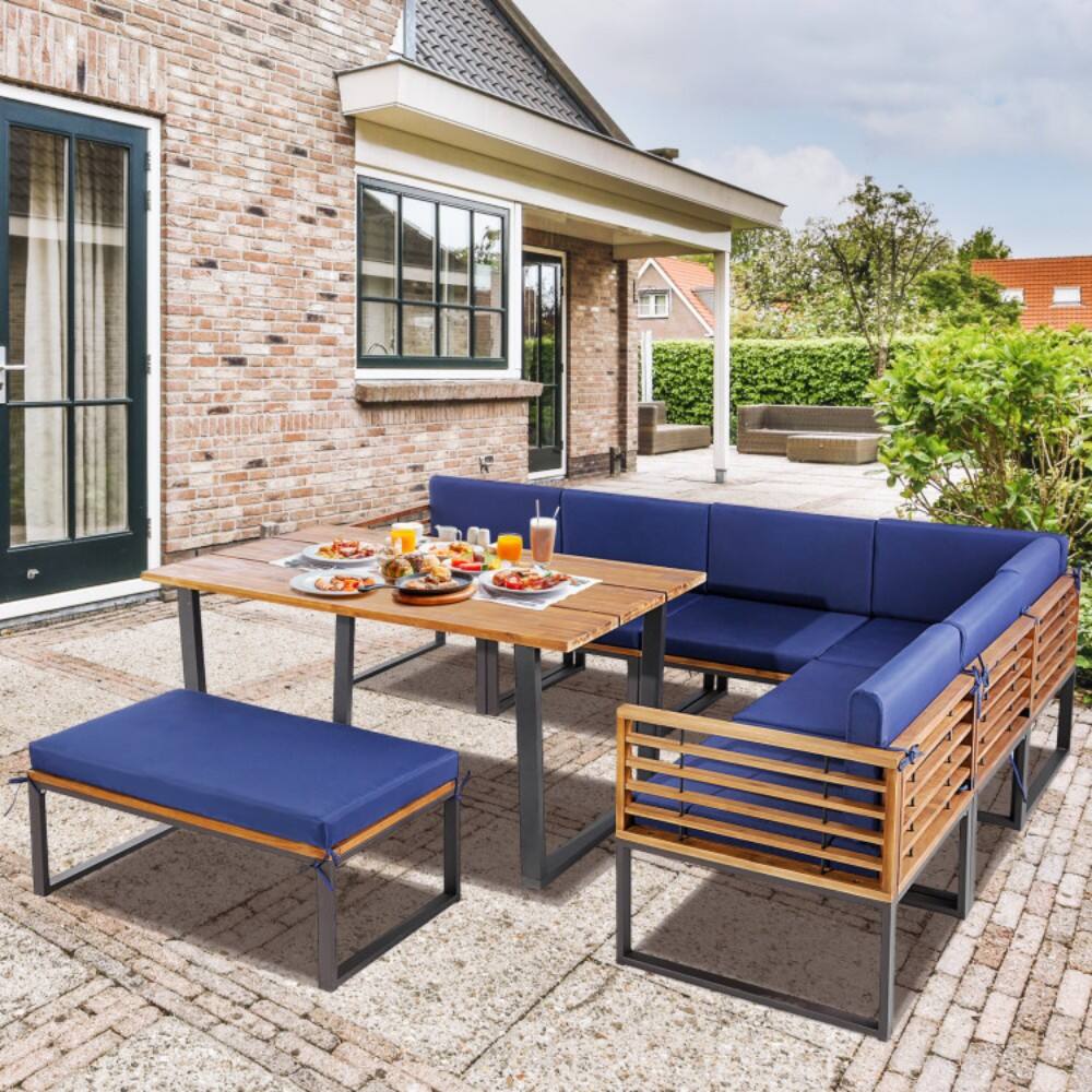 Left. Mondawe - 8 Pieces Patio Acacia Wood Dining Table Set with Ottoman Cushions - Navy.
