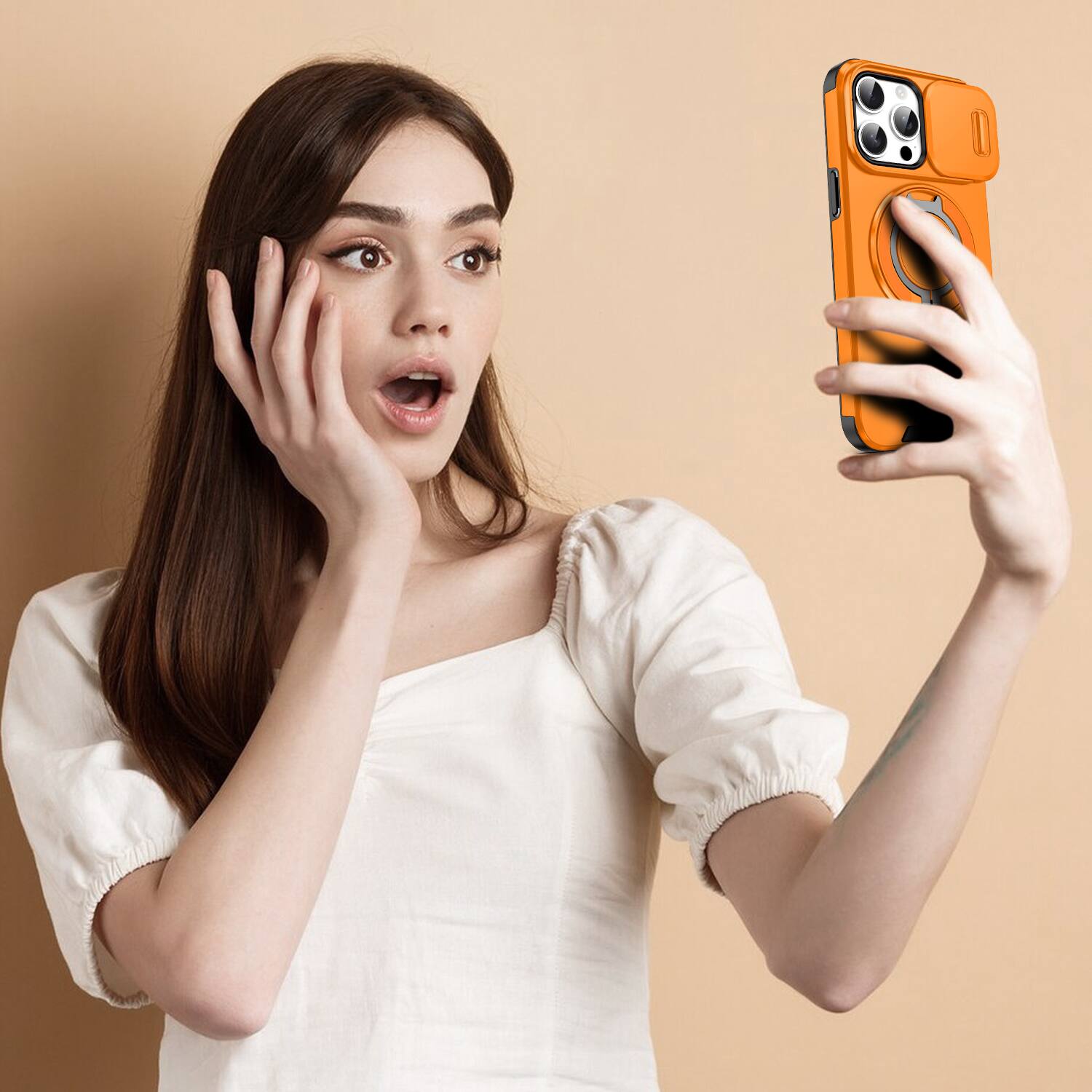 Alt View 6. UUCOVER - For Apple iPhone 15 Pro Max Magnetic Case with Slide Camera Lens Cover & 360° Ring Stand - Drop Protection Phone Shell - Orange.