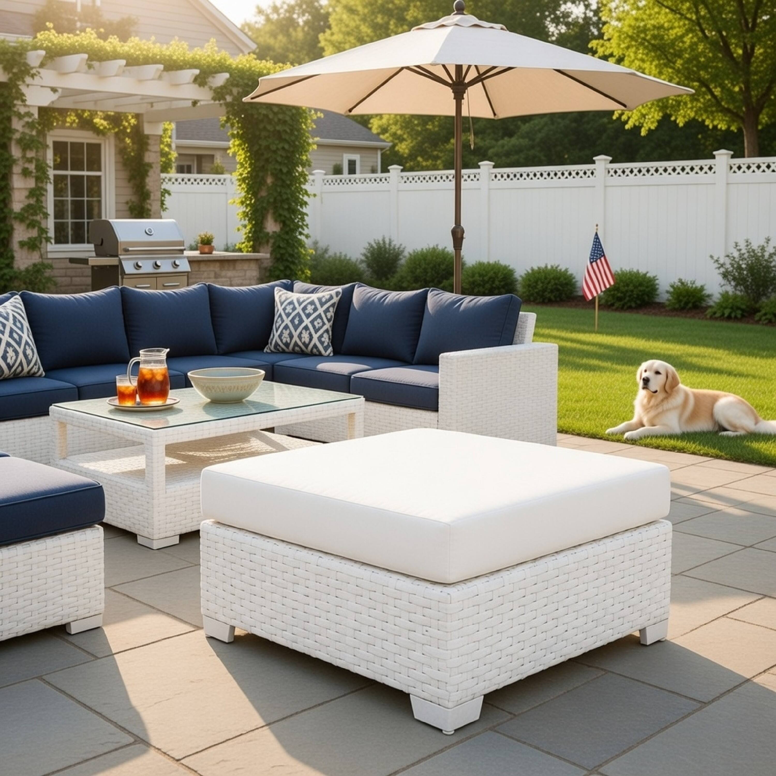 Alt View 6. Manhattan Lane - Faux Polyester and Aluminum Square Ottoman with Padded Seat Cushion - White.