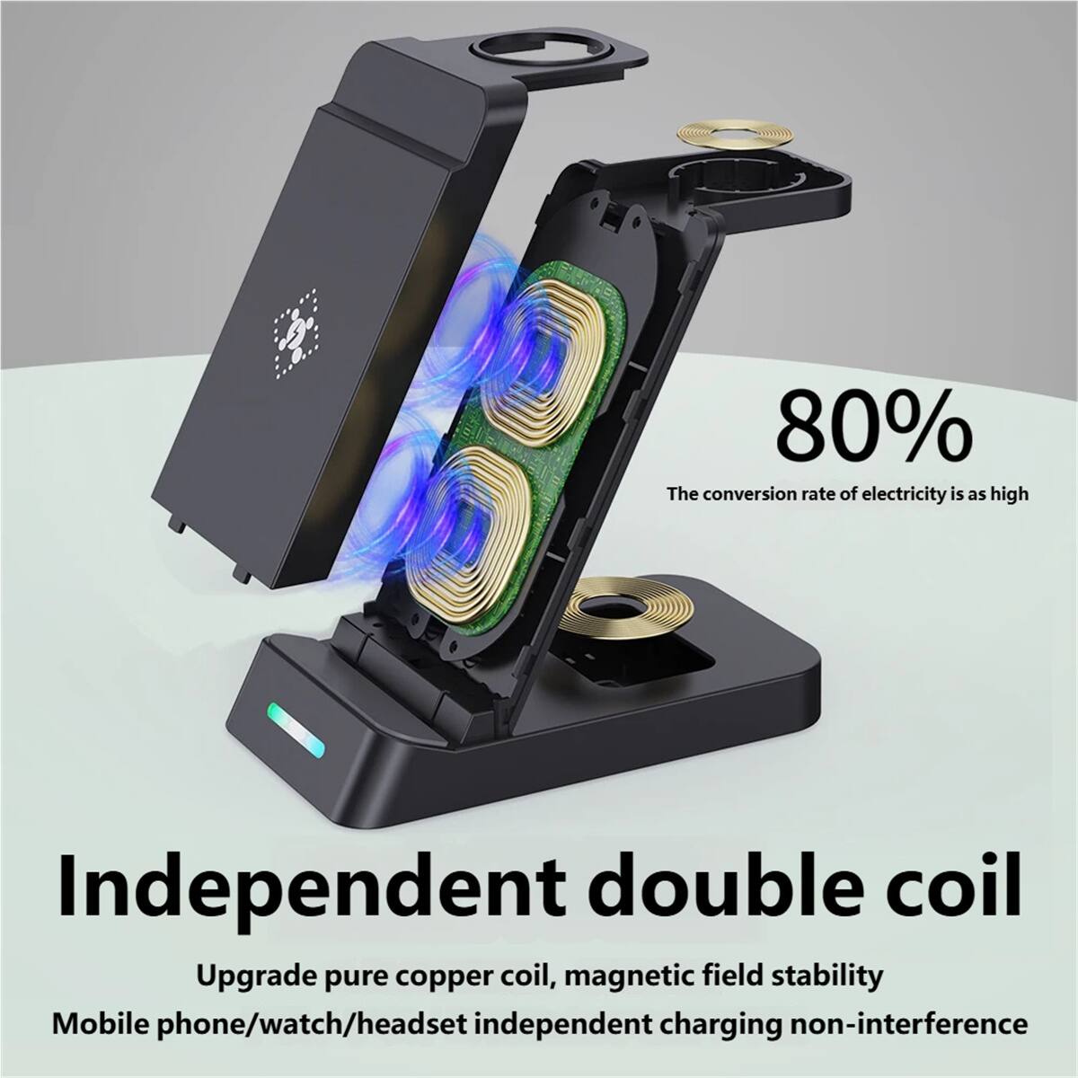 80%  
The conversion rate of electricity is as high  

Independent double coil  
Upgrade pure copper coil, magnetic field stability  
Mobile phone/watch/headset independent charging non-interference