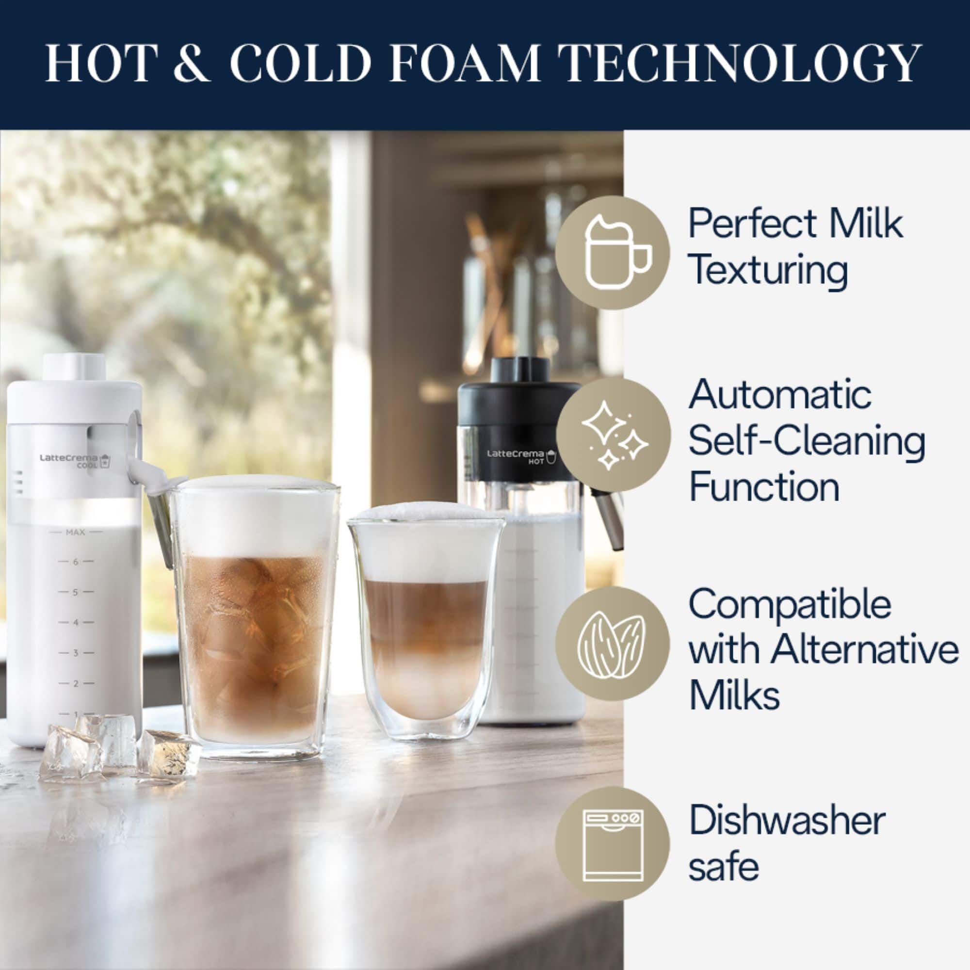 Hot & Cold Foam Technology: Perfect Milk Texturing, Lattecrema, Automatic Self-Cleaning Function, Compatible with Alternative Milks, Dishwasher Safe.