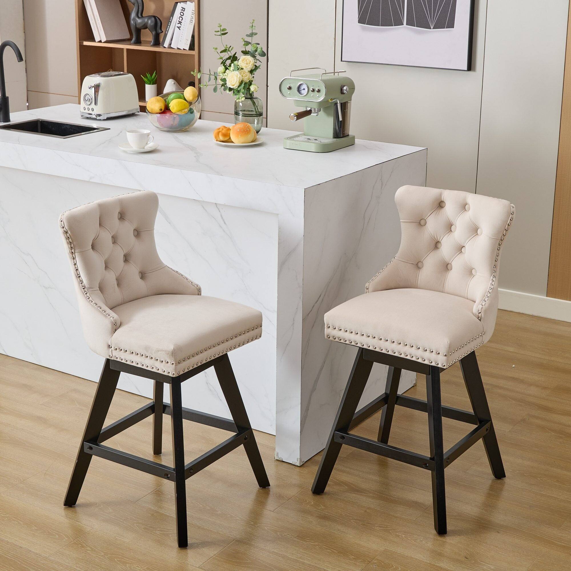 Back. Boyel Living - Swivel Velvet Bar Stools Set of 2 with Button Tufted Back - Beige.