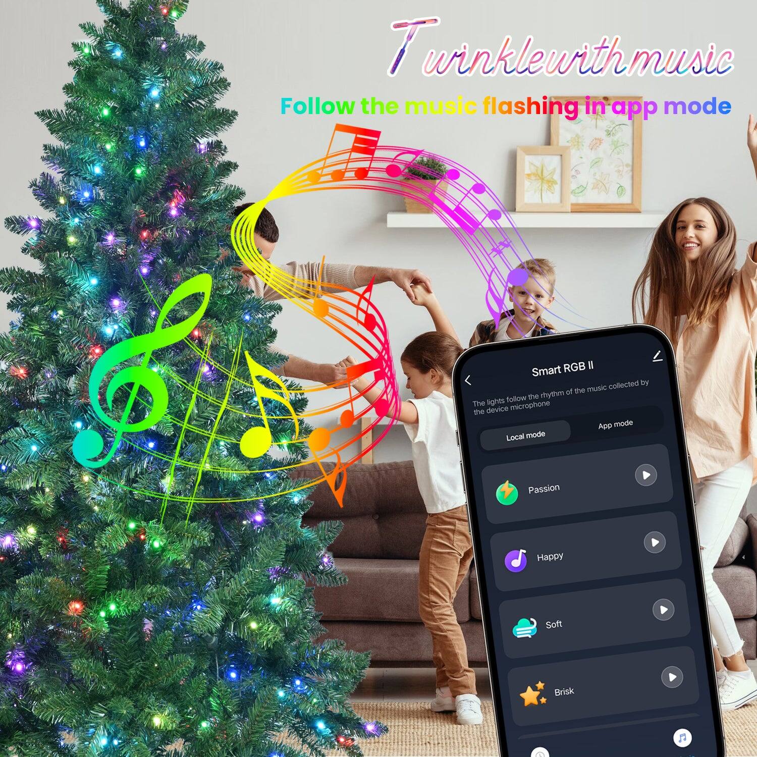 Twinkle with music  
Follow the music flashing in app mode  

Smart RGB II  
The lights follow the rhythm of the music - collected by the device microphone  

Local mode  
App mode  

Passion  
Happy  
Soft  
Brisk