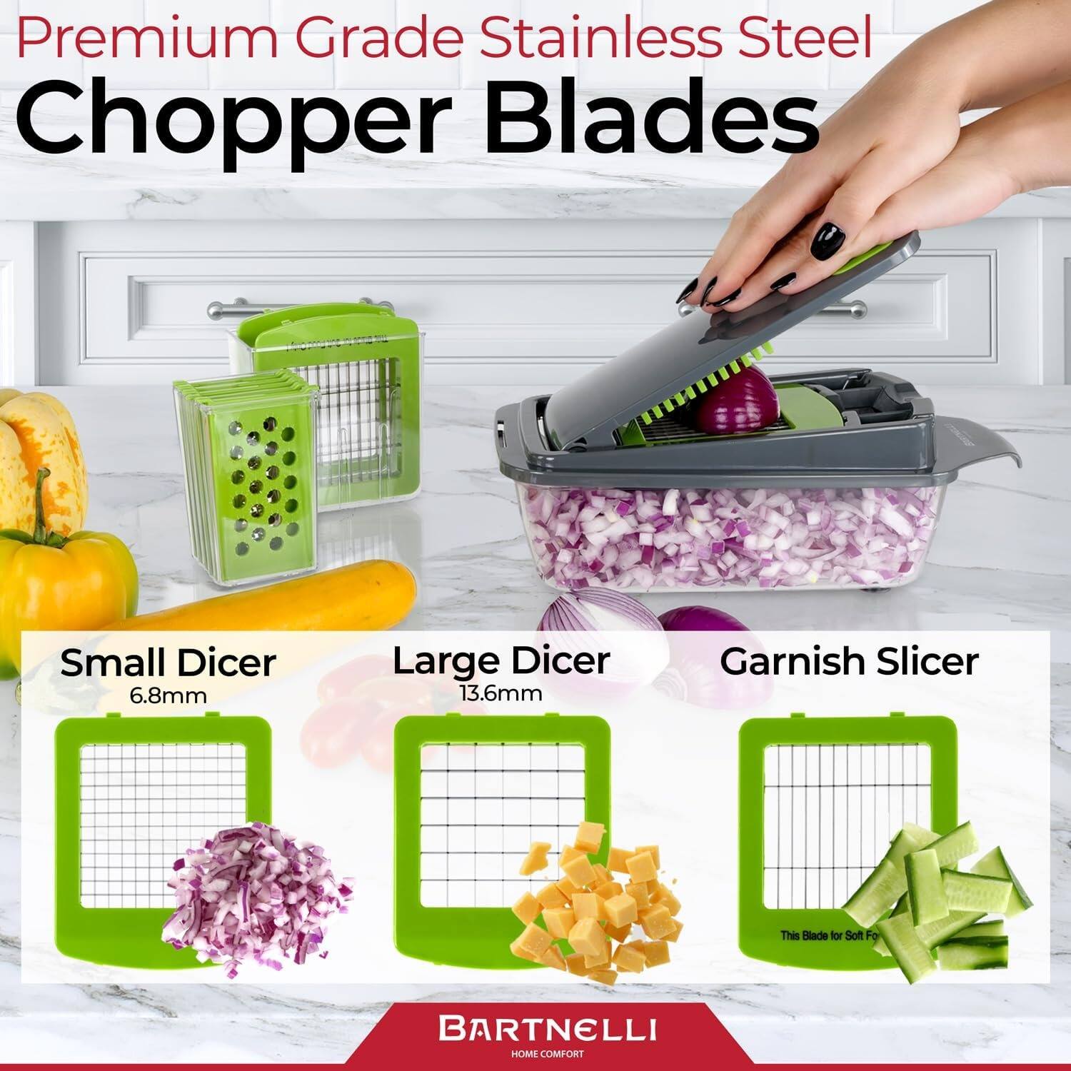 Premium Grade Stainless Steel Chopper Blades, Small Dicer 6.8mm, Large Dicer 13.6mm, Garnish Slicer, This Slade for Soft Food to BARTNELLI HOME COMFORT