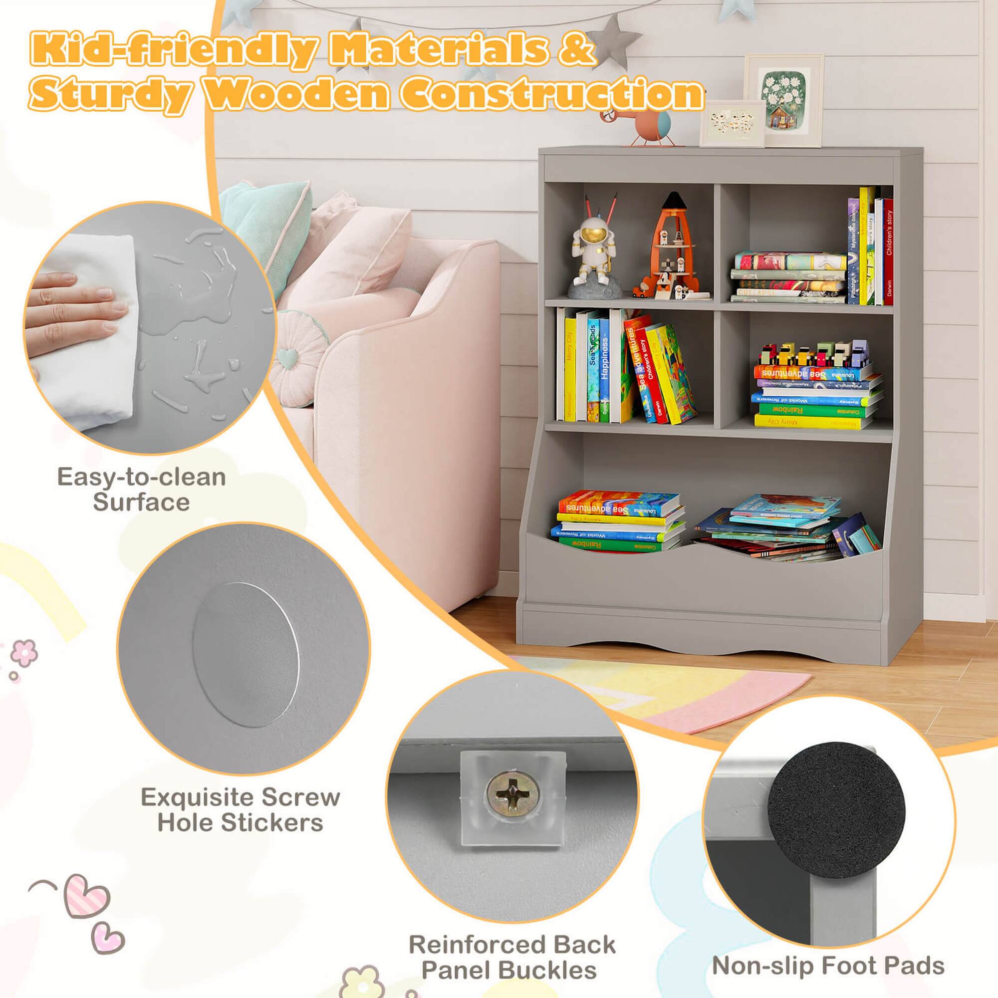Kid-friendly Materials & Sturdy Wooden Construction

- Easy-to-clean Surface
- Exquisite Screw Hole Stickers
- Reinforced Back Panel Buckles
- Non-slip Foot Pads