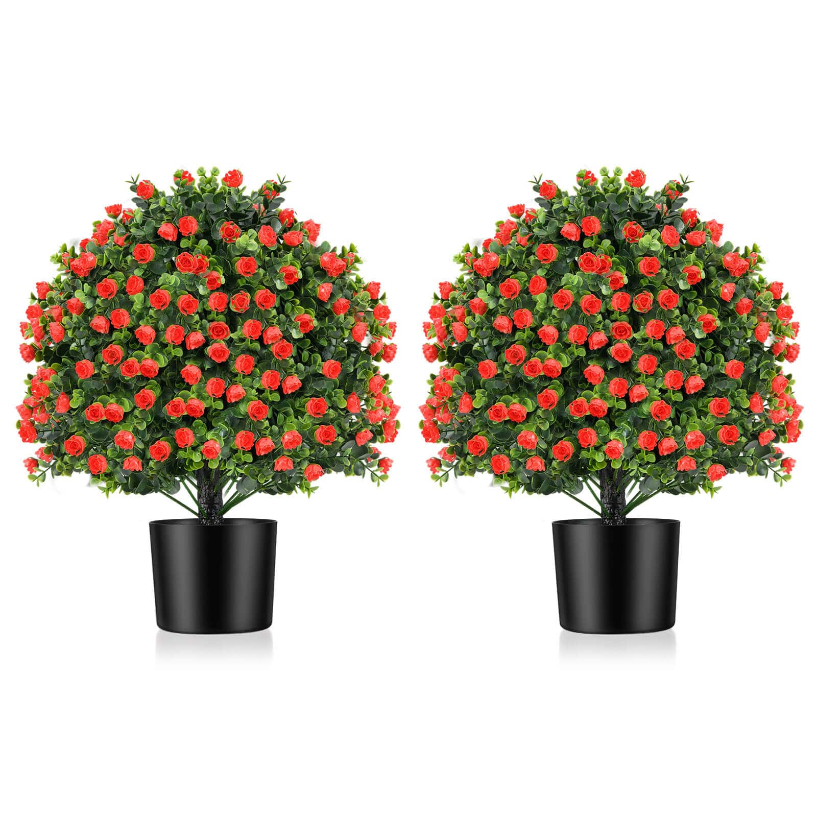 Costway - 2 Pack Artificial Rose Topiary Ball Tree Faux Shrub Bushes with Flowers - Red