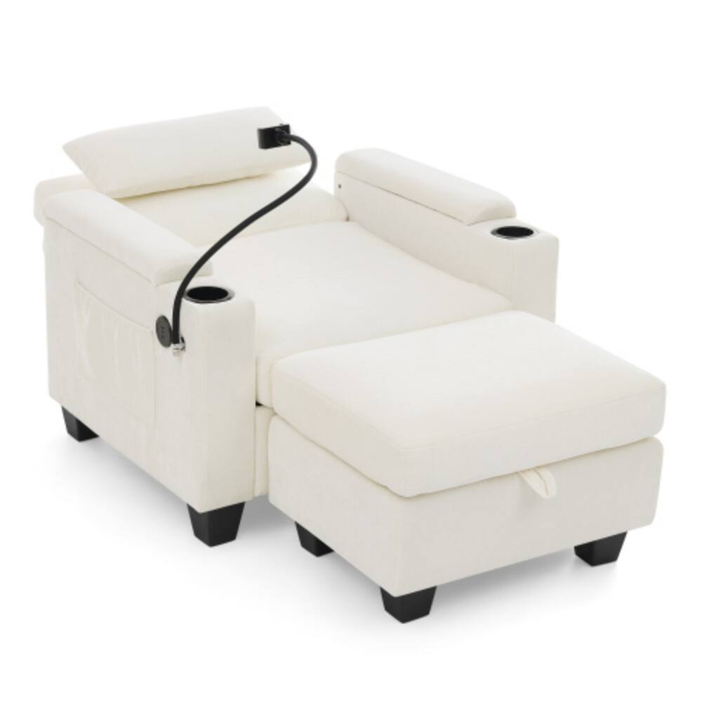 Alt View 6. LUCKY ONE - Single Sofa Recliner w/ Manual Backrest USB Port Cup Holders Hidden Storage Ottoman - Beige.