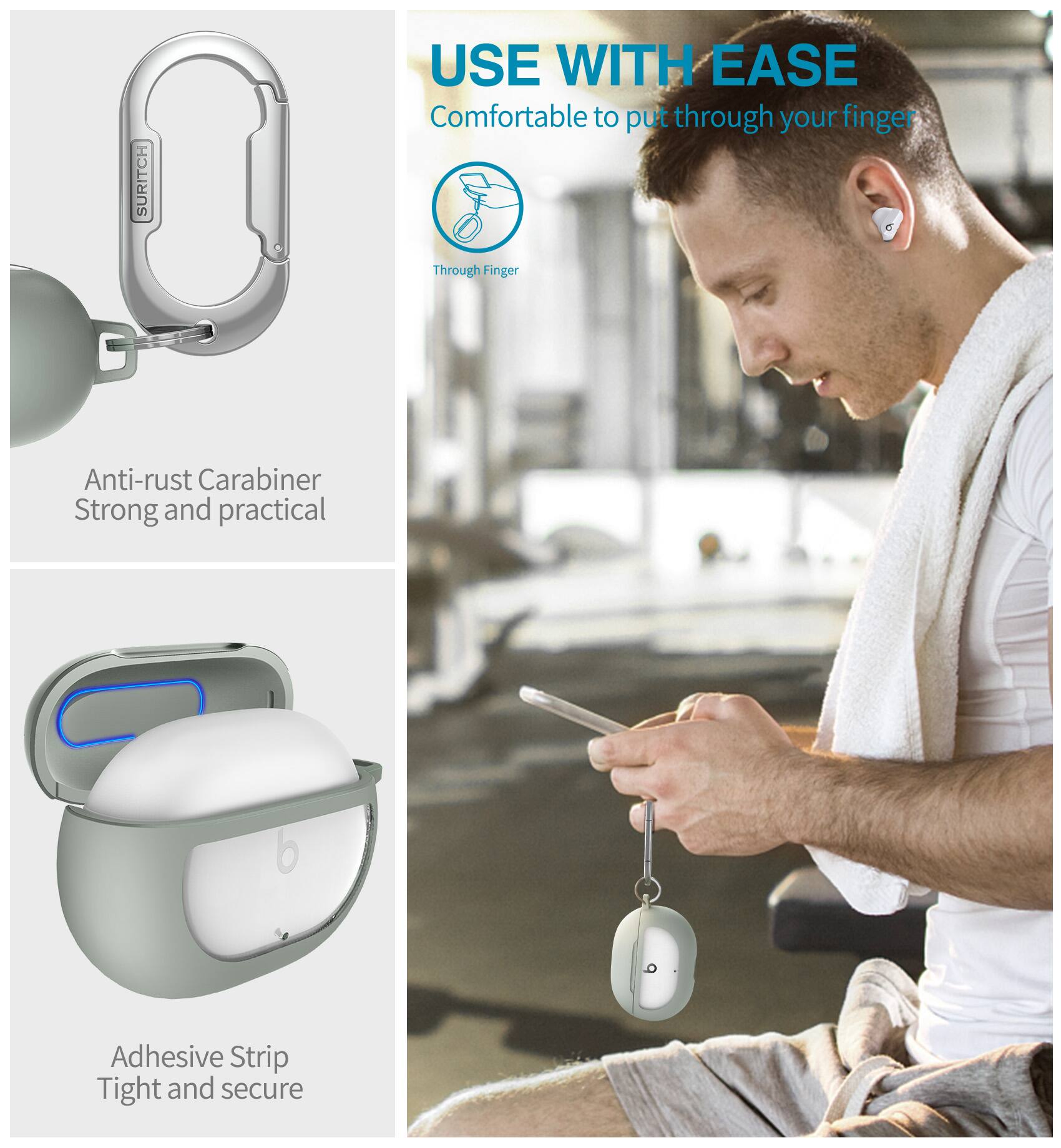 SURITCH USE WITH EASE  
Comfortable to put through your finger  
Through Finger  
Anti-rust Carabiner  
Strong and practical  
Adhesive Strip  
Tight and secure