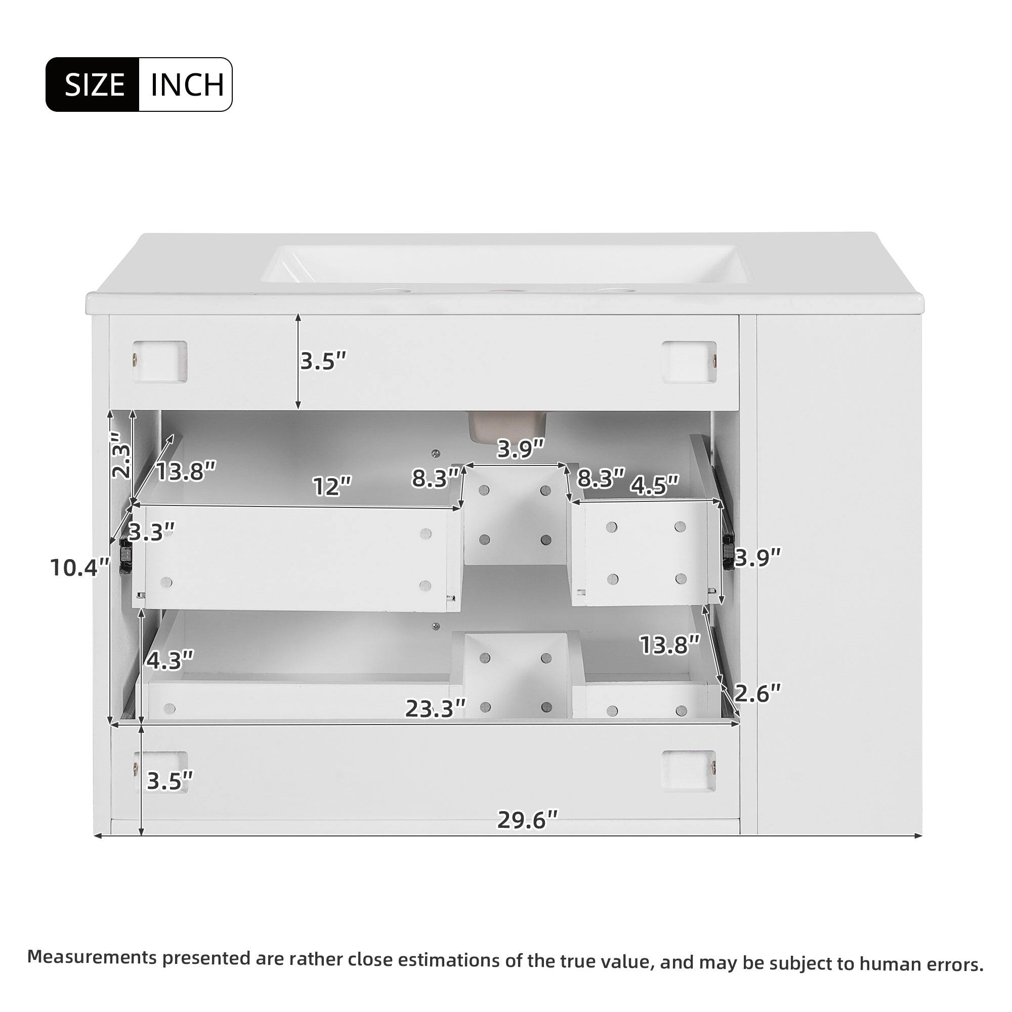 SIZE INCH  
3.5" 2.3" 13.8" 12" 8.3"* 3.9" 8.3" 4.5" 3.3" 10.4" 3.9" 4.3" 23.3" 13.8" 2.6" 3.5" 29.6"  

Measurements presented are rather close estimations of the true value, and may be subject to human errors.