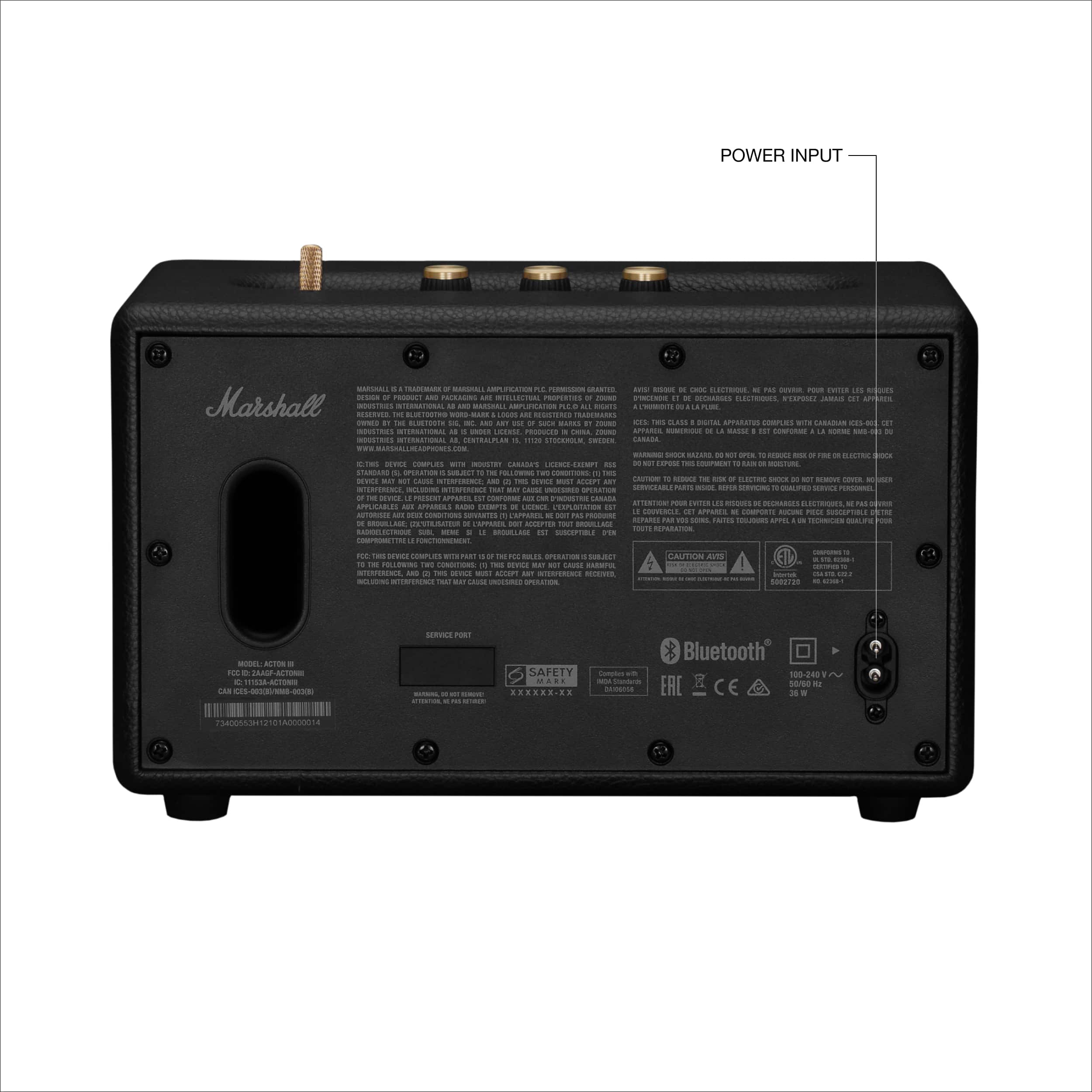 The image features a black Marshall speaker with a power input on the back. The speaker is designed to be used with Bluetooth technology, as indicated by the Bluetooth logo on the back. The speaker is also equipped with a USB port, allowing for easy connectivity and charging. The Marshall speaker is a versatile and convenient device for users who want to enjoy their music or podcasts on the go.