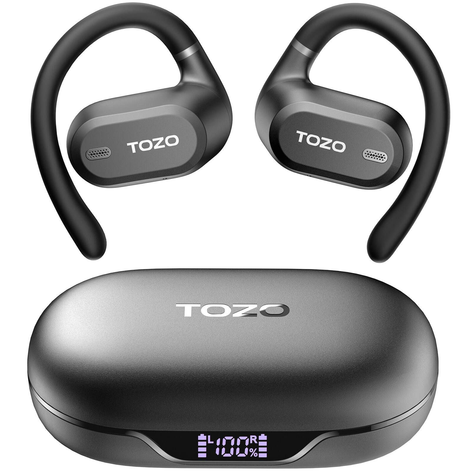 TOZO - AI Translation Open Ear Earbuds - 164 Languages, Adjustable Ear Hooks, Bluetooth Headphones, Comfort for Running, Office - Black