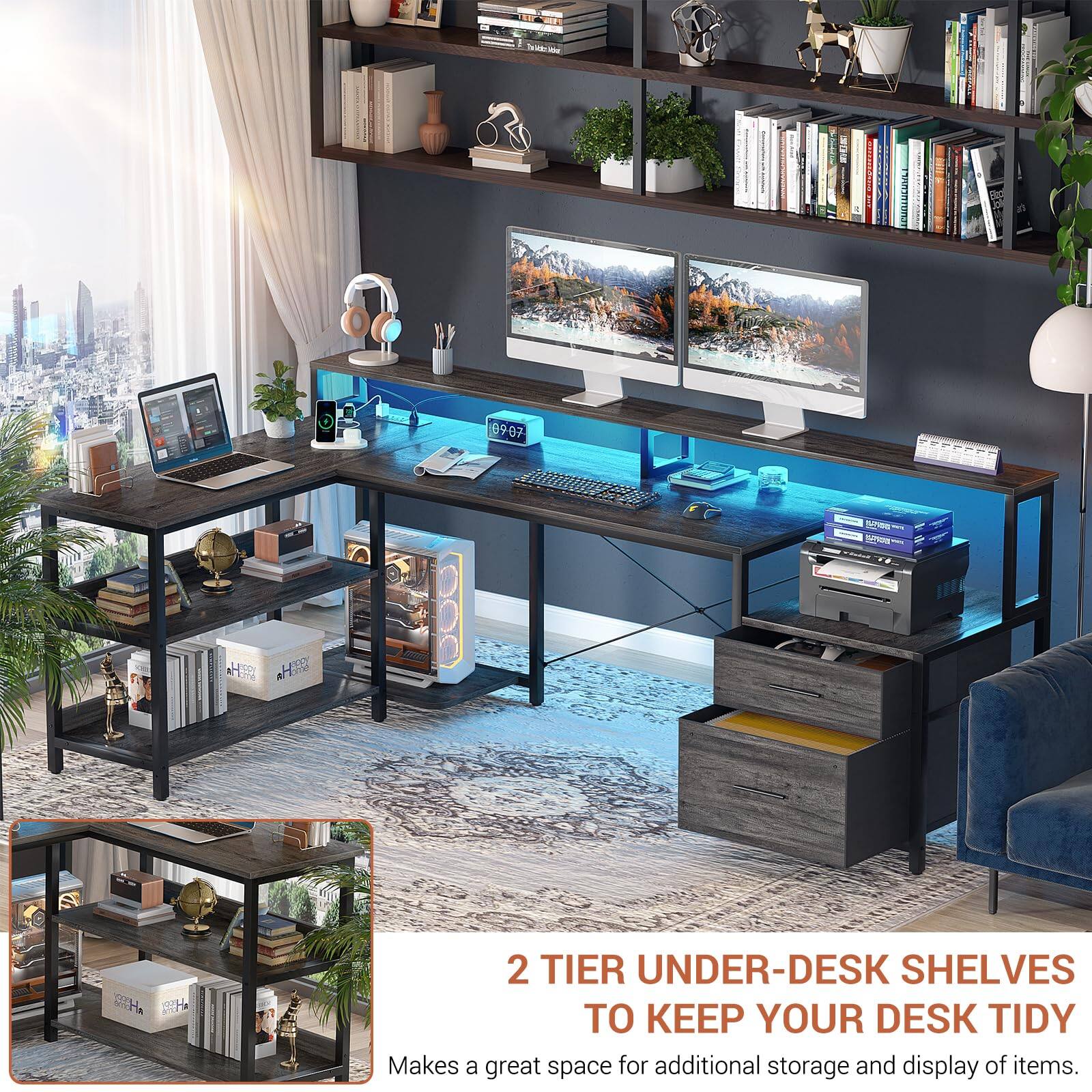 2 TIER UNDER-DESK SHELVES TO KEEP YOUR DESK TIDY  
Makes a great space for additional storage and display of items.