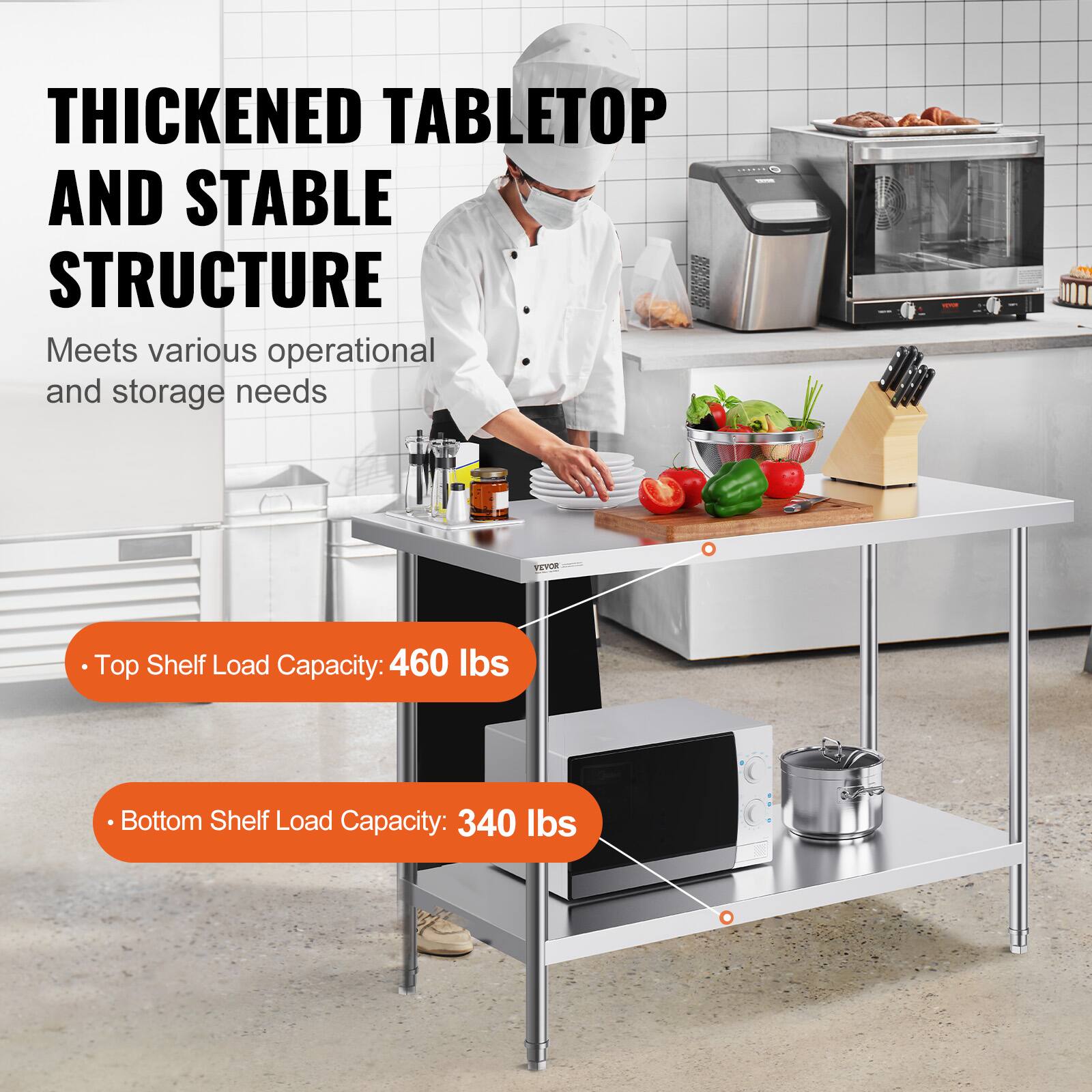 THICKENED TABLETOP AND STABLE STRUCTURE Meets various operational and storage needs - Top Shelf Load Capacity: 460 lbs Bottom Shelf Load Capacity: 340 lbs