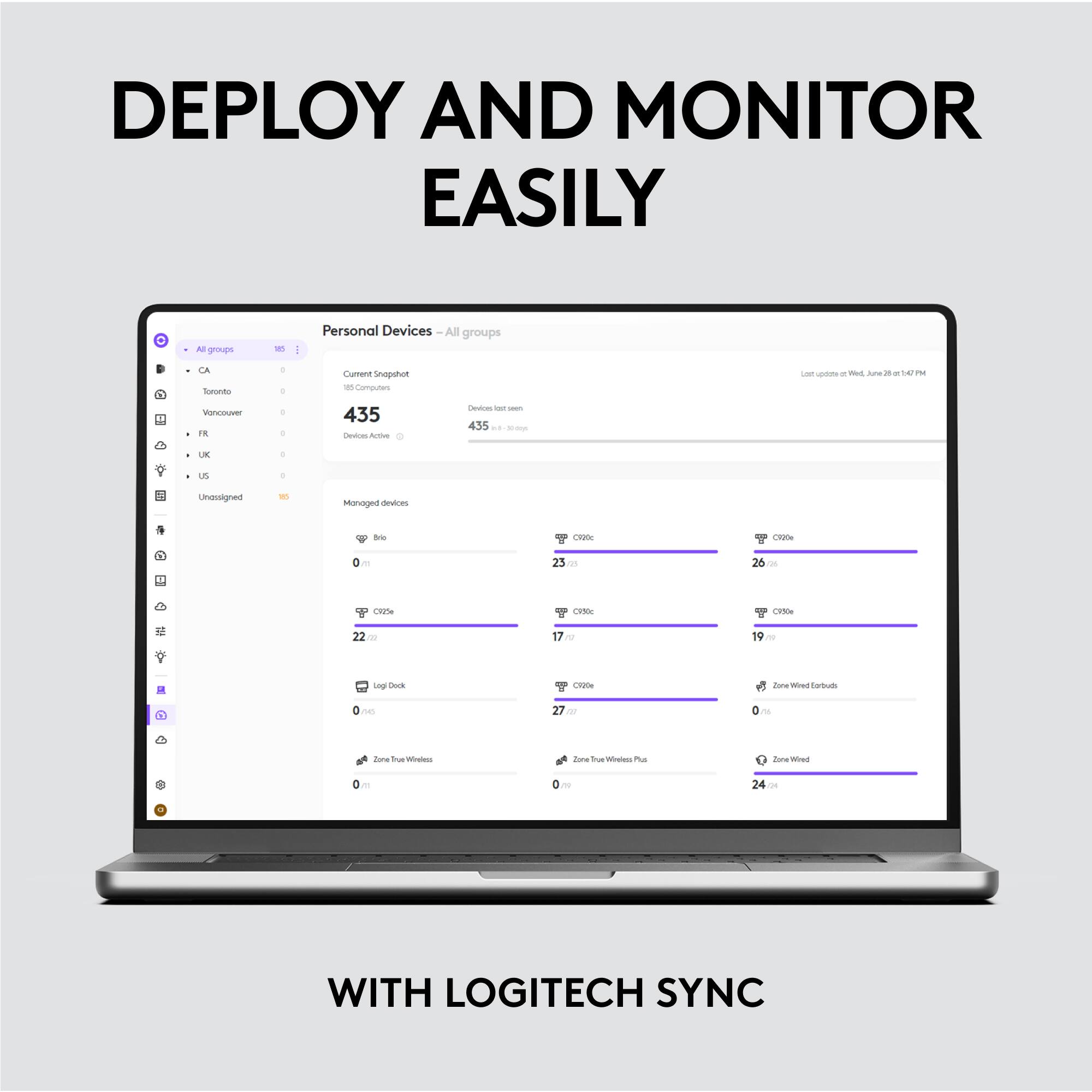 DEPLOY AND MONITOR EASILY

Personal Devices - All groups

Current Snapshot
150 Computers
435
Devices Active
435

Managed devices
- C920e: 22
- C920e: 26
- C920e: 17
- C920e: 19
- C920e: 27
- Zone True Wireless: 0
- Zone True Wireless Plus: 0
- Zone Wired: 24

WITH LOGITECH SYNC