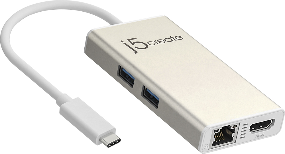 Angle View: j5create - USB-C Multi-Adapter - HDMI/Ethernet/USB 3.1 HUB/PD 3.0 - Champagne Metallic
