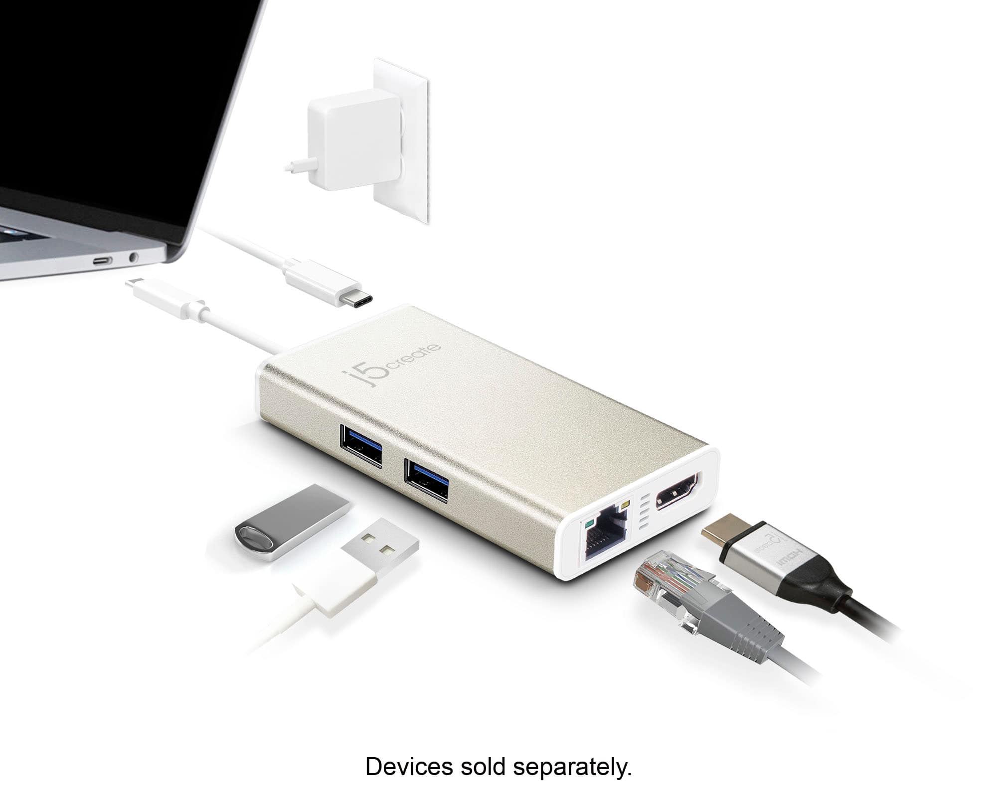 Alt View 17. j5create - USB-C Multi-Adapter - HDMI/Ethernet/USB 3.1 HUB/PD 3.0 - Champagne Metallic.
