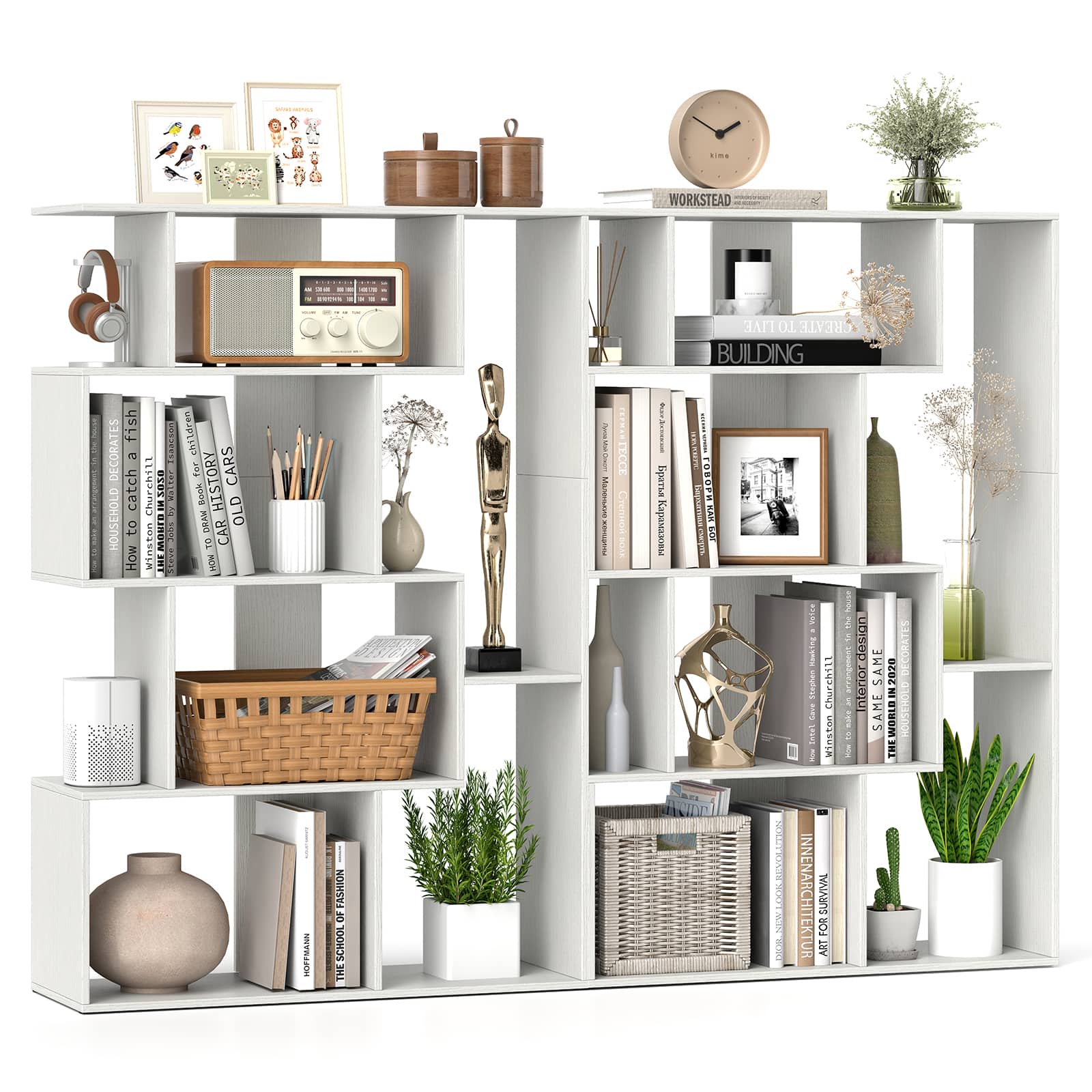 Gymax - 2 PCS 47'' Open-back Geometric Bookshelf Free-standing Storage Shelf Unit - White