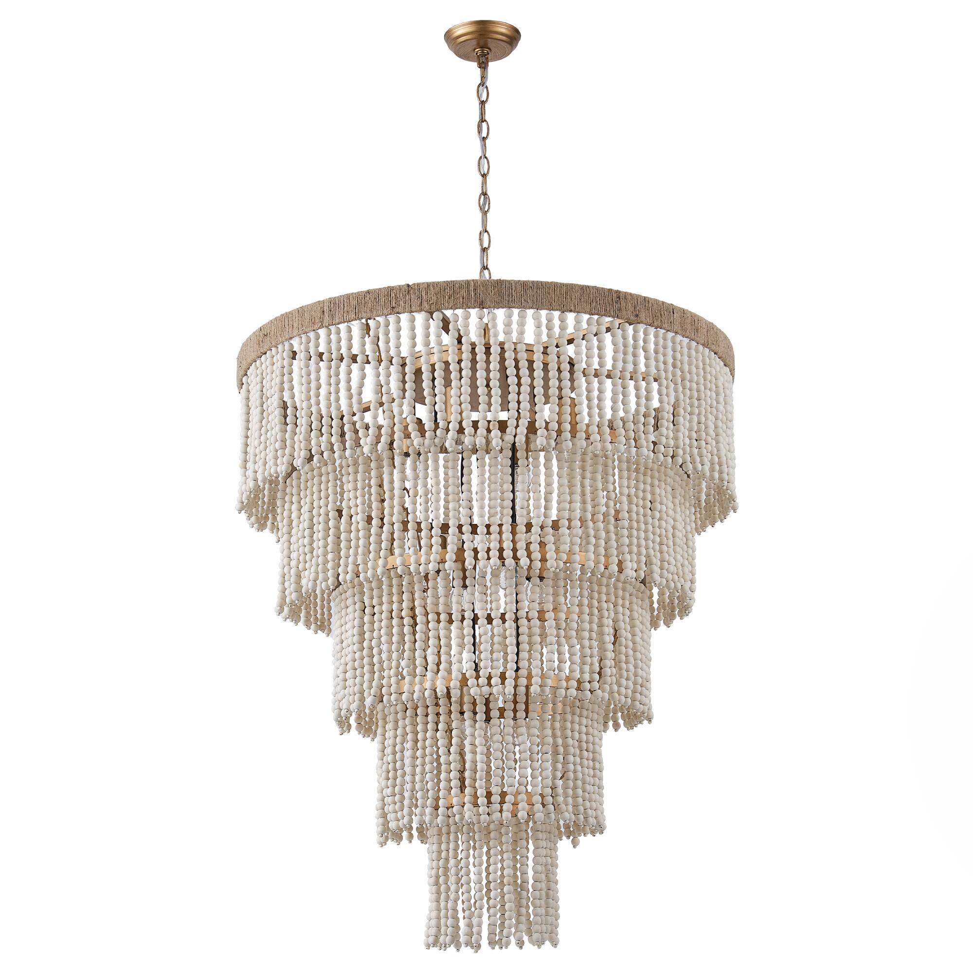 Alt View 8. Parrot Uncle - 31.5" 9-Light Bohemian Off-White 5-Tier Wooden Beads Chandelier - Off-White.