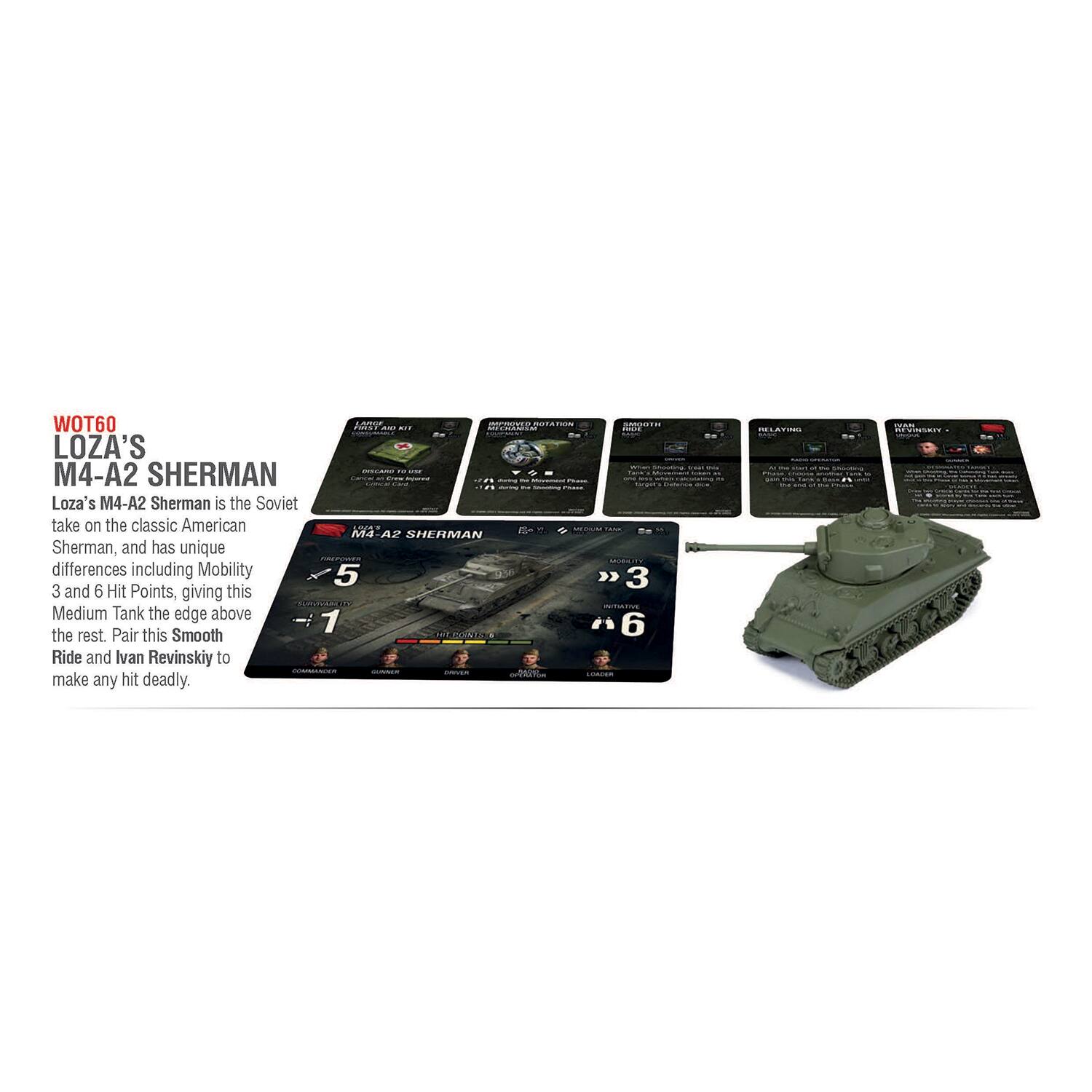 WOT60 - Loza's M4-A2 Sherman is a unique take on the classic American M4-A2 Sherman tank. It features differences such as Mobility 5 > 3 and 6 Hit Points, giving it an edge over other Medium Tanks. Pair it with Ivan Revinskiy to make any hit deadly.