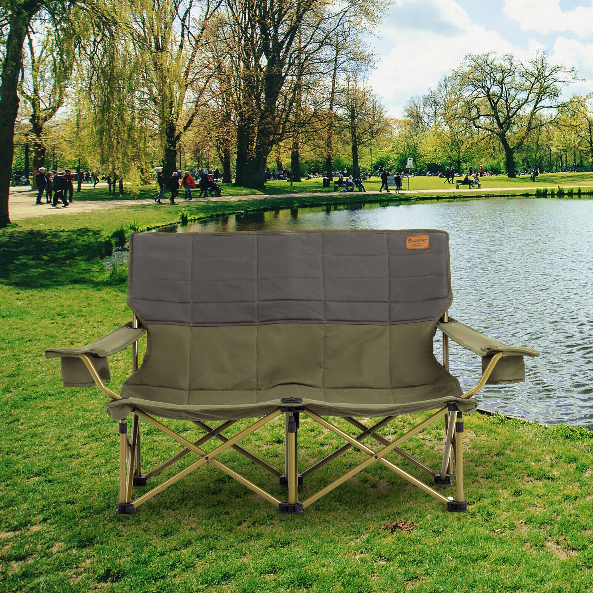 Alt View 1. Gymax - Gymax Oversized Camping Chair Folding Loveseat Camping Couch w/ Cup Holders & Padding Green - Green.