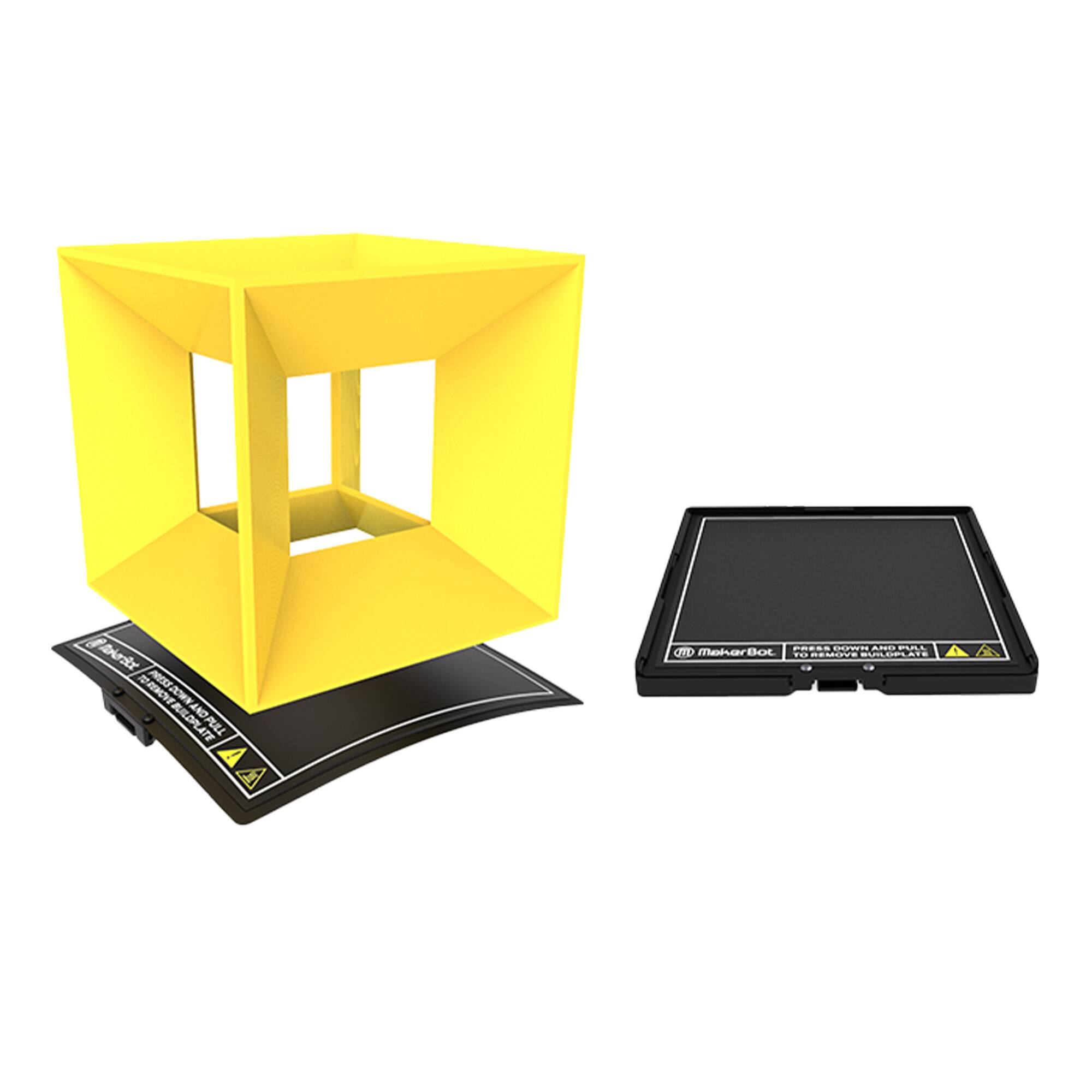 The text on the image reads:

"MakerBot
PRESS DOWN AND PULL TO REMOVE BUILDPLATE"