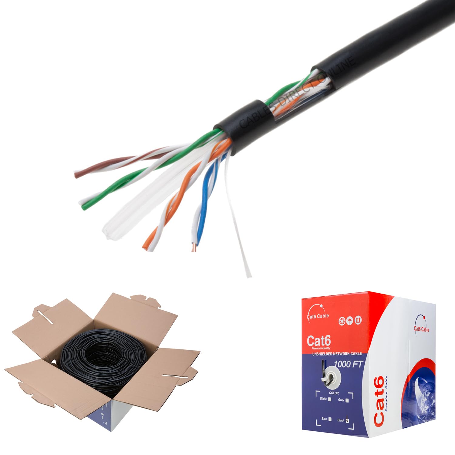 ONLINE CABLES-DIRECTONLINE DIRECT CABLE 1 Canf Cable + 11 Cat6 manta Lt UNIELDES NETWORK CABLE 1 1000 FT OLOR - d Ra -a J I Cat6 Premume Cen Catle