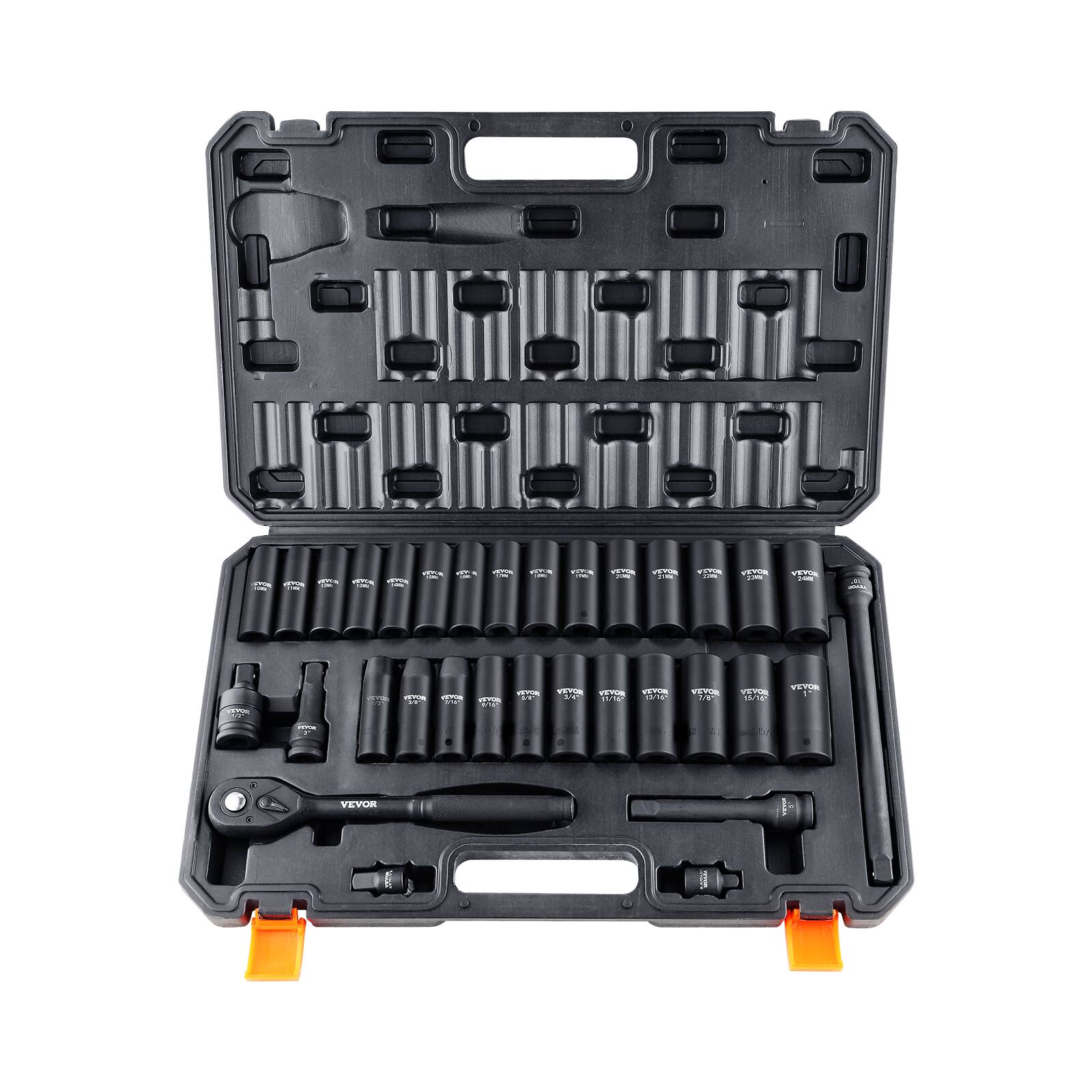 Front. VEVOR - 1/2" Drive Impact Socket Set,33 Piece Socket Set SAE 3/8"-1" and Metric 10-24mm,6 Point Cr-V Alloy Steel for Auto Repair - Black.