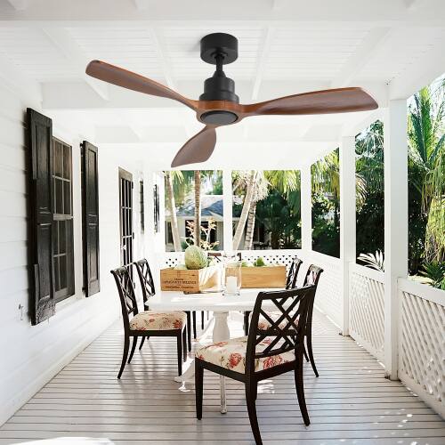 Back. LUCKY ONE - 48" Ceiling Fan No Light Remote 3 Solid Wood Blades Outdoor DC Motor - Black.
