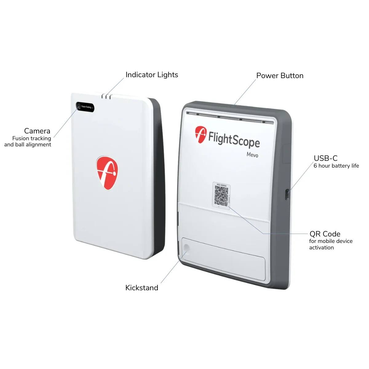 - Indicator Lights
- Power Button
- Camera (Fusion tracking and ball alignment)
- USB-C (6 hour battery life)
- QR Code for mobile device activation
- Kickstand