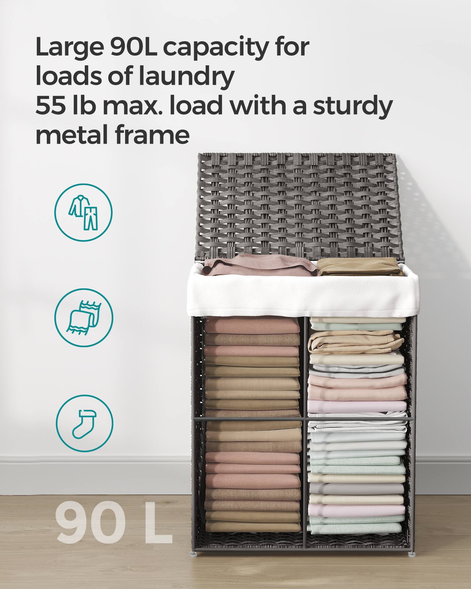Large 90L capacity for loads of laundry 55 lb max. load with a sturdy metal frame

90L