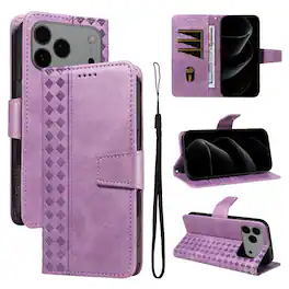 Dteck - Magnetic Wallet Pocket Case For iPhone 17 Pro Max, Shockproof Faux Leather Card Pocket Wrist Strap Cover - Purple